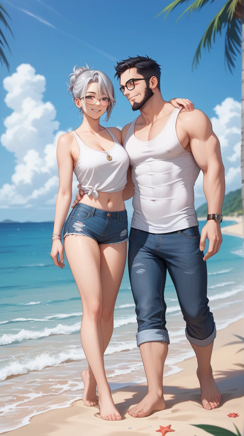 ((1 guy 1 girl)), young, v shaped torso, wide shoulders, narrow waist, 8 pack abs, tan, black hair, short hair, hot, muscular, beach, swim trunks, caucasian,white, cool, standing next to girlfriend, (((huge tits))), pink hair girl, height difference, size difference,