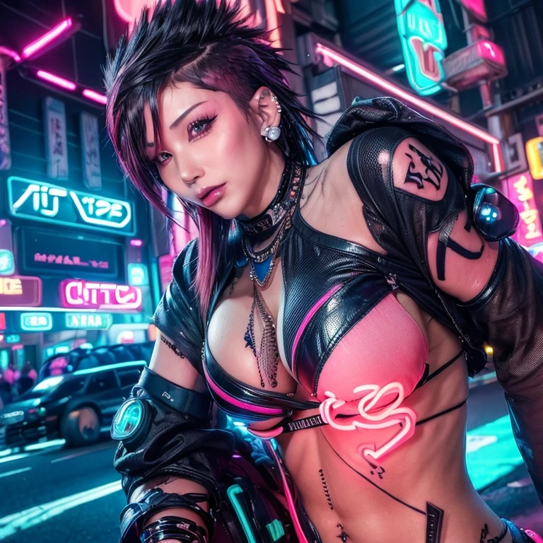 ((Stunning anime illustration of a masterpiece)), ((Extremely delicate beautiful cyber girl, very long neon lime hair, vibrant moonlight eyes, exposed naked hairy pussy, tattoo sleeves and piercings)), ((Highly detailed face)), ((Mechanical limbs, mechanical vertebrae)), ((Mechanical cervical vertebrae attached to neck)), (Wires and cables attached to neck: 1.2), ((Lots of wires and cables on head)), ((Wearing colorful Harajuku style hip hop cyberpunk tech hooded tech jacket)), (Lying with legs spread, sexy seductive slutty pose, sexy seductive slutty horny orgasmic facial expression), ((Camera view of cowboy shot from above)), (Masterpiece), ((Top quality)), ((Super detailed)), (Highly detailed photorealistic CG illustration), cinematic lighting, sci-fi, highly detailed, colorful, superb detail, (((cyberpunk city background, (Blade Runner), futuristic Harajuku cybercity district))), (big breasts:1.5),
