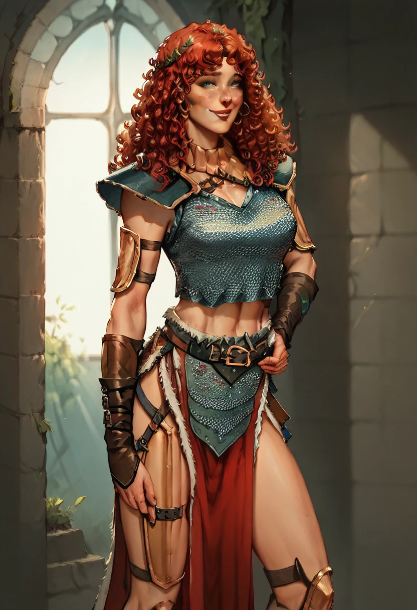(Face-BarbaraPalvin:0.8) (D&D rogue character:1.2) painting ginger woman auburn hair (updo:1.1), loose white shirt, ((completely unbuttoned, showing navel and cleavage)), leather pants pauldron teal armor belt, detailed background ancient ruins (small_breasts:1.1) (masterpiece) (best quality) (detailed) (8k) (wallpaper) (cinematic lighting) (sharp focus) (intricate) (Style-Autumn:0.5)