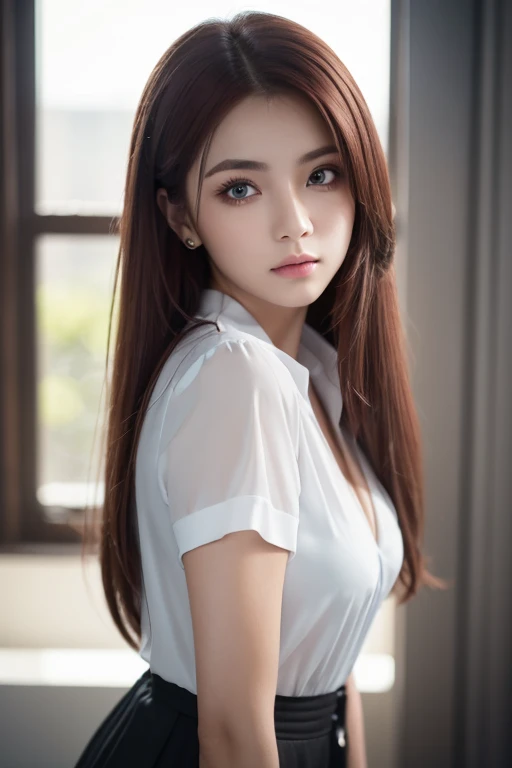 masterpiece, best quality, young woman,smile, cardigan,shirt,mini skirt,
(photorealistic:1), lying in bed,bird's eye view,
short hair