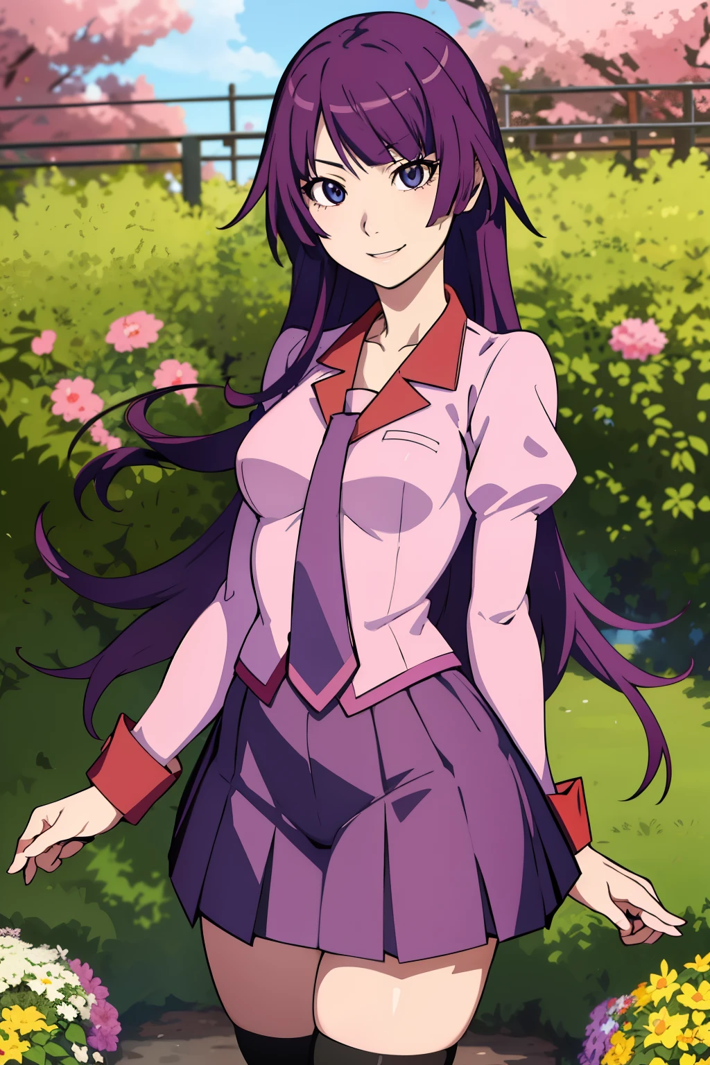 (Masterpiece), (top quality), (high resolution), (detailed face), (focus on face), (Anime Coloring Book), (Perfect hands, Perfect Anatomy)
garden, flower, cowboy shot, smile, daylight,
1 girl, Alone, watches viewers,
(Senjogahara Hitagi), long hair, medium boobs, small butt, thin legs, bangs,
thigh high socks, Long Sleeve, pink shirt, school uniform, pleated skirt, tie, puff sleeve, black thigh high socks, Zettai Ryoichi , Juliet Sleeve, naoetsu high school uniform