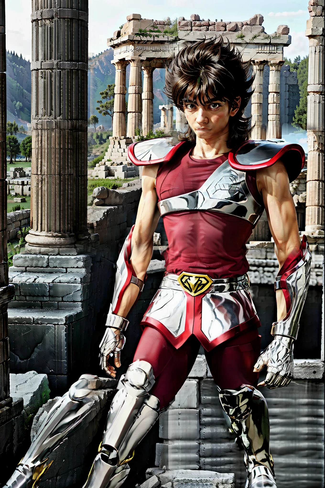 Create a boku no hero oc whose gift is to transform his blood into crystals and whose appearance has short brown hair and brown eyes and if the suit is red and white with crystals and gloves that is anime style