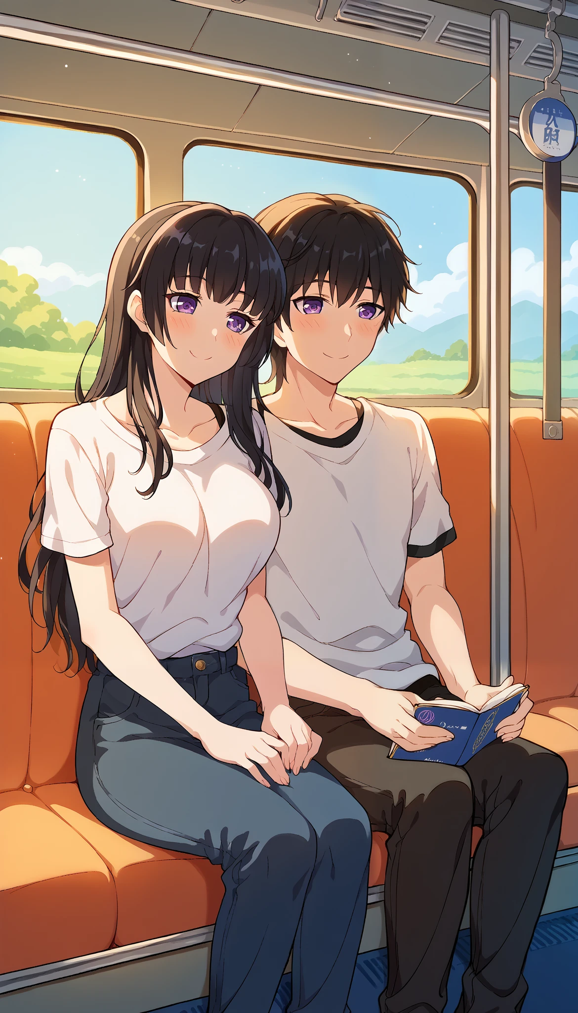 score_9,score_8_up,score_7_up,anime_source,source_anime, Perfect eyes, perfect face, Modern anime style, Detailed eyes, detailed face, Rinko,1girl, black hair,Tall body, Slim body, Sexy body, large breast, purple eyes, long hair, leaning on person side-by-side, sitting, hetero, sleeping, couple, train interior, leaning on person, Head resting on shoulder,, casual, smile, blush, closed eyes, handsome male, MC anime,