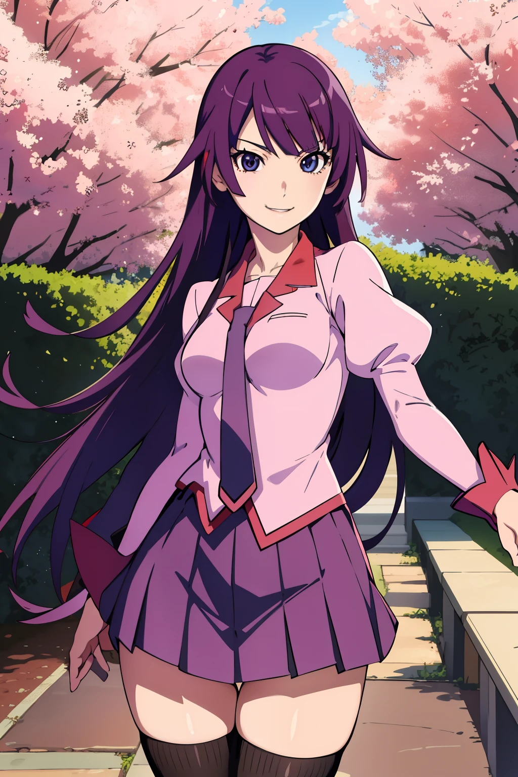  (Masterpiece), (top quality), (high resolution), (detailed face), (focus on face), (Anime Coloring Book), (Perfect hands, Perfect Anatomy)
garden, flower, cowboy shot, smile, daylight,
 1 girl, Alone,  watches viewers, 
 (Senjogahara Hitagi),  long hair,   medium boobs, small butt, thin legs, bangs,
 thigh high socks,  Long Sleeve,  pink shirt,  school uniform,  pleated skirt,  tie,  puff sleeve, black  thigh high socks, Zettai Ryoichi ,   Juliet Sleeve, naoetsu high  school uniform