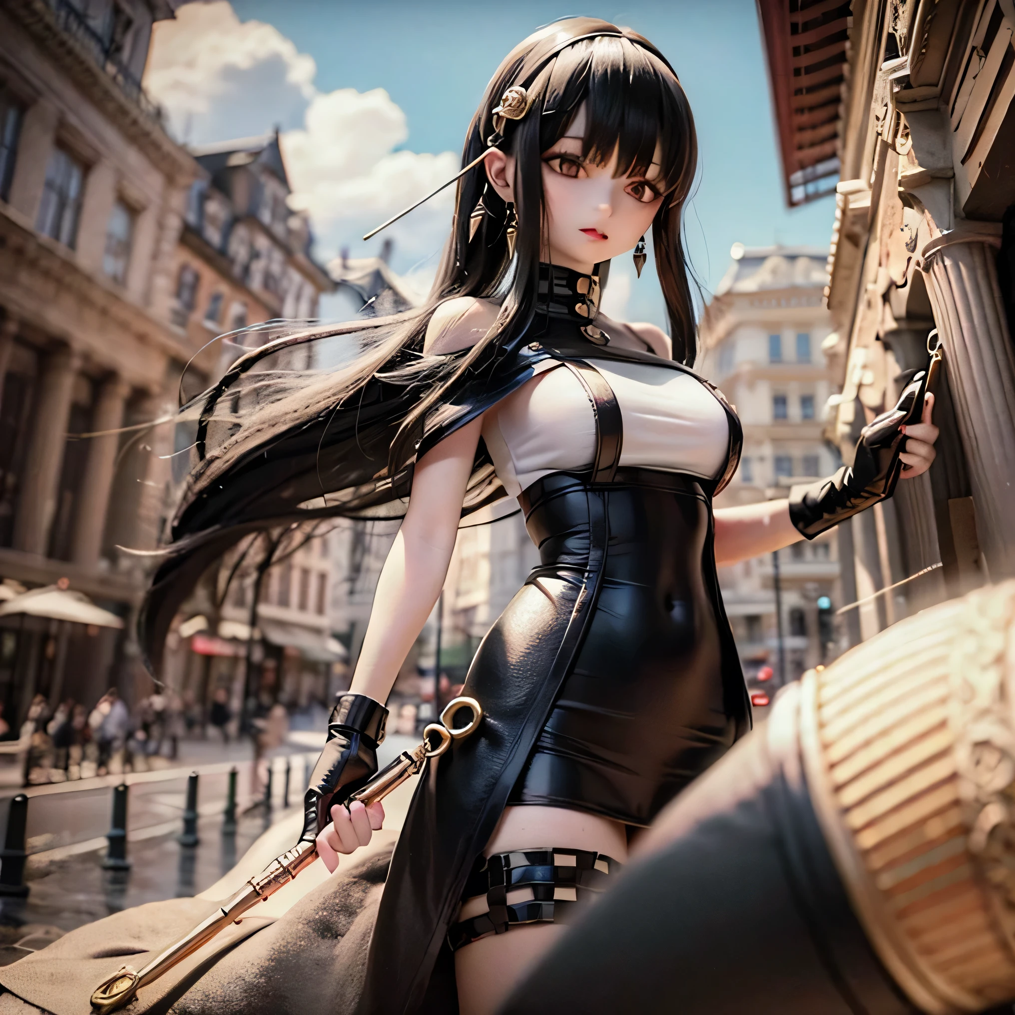 25yo black long dress
Hold up your weapon( top quality,4K,8k, high resolution, Masterpiece:1.2)
long black hair