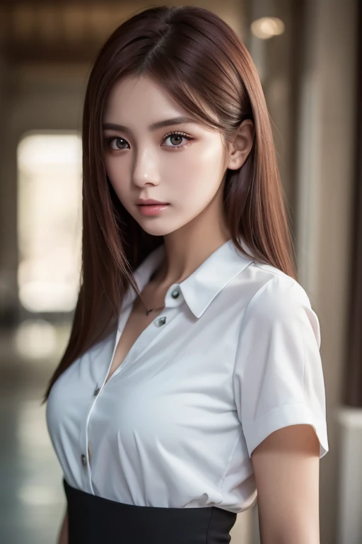 girl with long red hair, heterochromic eye , blue-white skin, flat chest, is wearing a black dress and a crisp pink blouse, A girl of, something that matches a mysterious and strong personality. whole, her look will catch the eye , attract curiosity and an intriguing gaze , flat chested, cinematic lighting, Color Difference, backlit, masterpiece, high detail , High Quality , 4K.