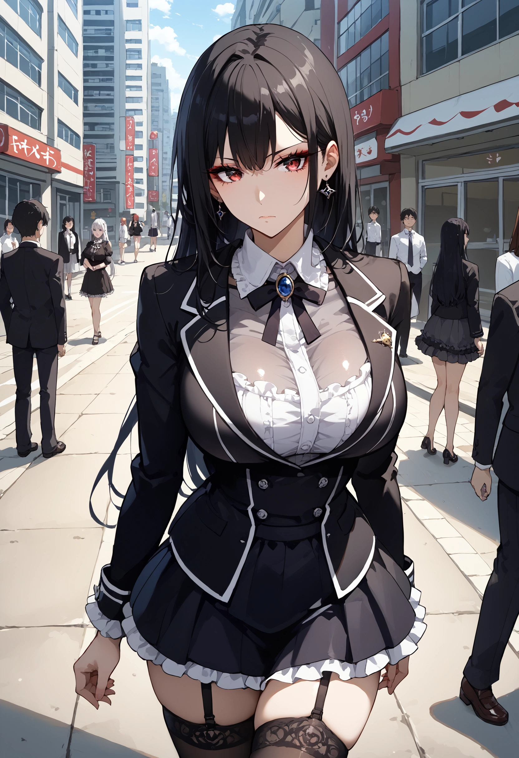 frustrated 、 black suit を羽織る、 black suit 、Bad mood、 downtown、Akihabara、Urban city、building、Around town、Wear a black jacket、Gothic and ta shirts、Akihabara駅、 Scramble Crossing、 crowds、Gothic and Lolihirts、 frustrated 、Depressed、Bad mood、 I'm in a bad mood、 tall woman、A woman in her thirties、 Alassah's woman、Steins;Gate、Bad mood、 black suit、 score_9, score_8_ up the side, score_7_ up the side, source_Anime, Masterpiece、Urban city、Akihabara、 expressionless 、 no makeup、 top quality, beautifully detailed eyes , Exquisite Eyes、A sophisticated eye、 highly detailed eyes and faces, unmotivated expression 、 lethargic face、 long breasts, 1 female, black jacketを羽織る、 gray shirt 、 black jacket、 Grey Gothic Lolita S 、Black Gothic Lolita Skirtray gothic lolita shirt、 BlGothic Lolita Skirt 、 minis、 SHORT SKIRT , big saggy breasts, shockingly big breasts, big breasts, room,Big Breasts、 boobs 、 zitoida, makeup、 no makeup、 black hair、 long hair、 smooth straight hair、 black stockings、 garter belt、黒の garter belt、 tall woman、 tall woman、 plump thighs 、 above