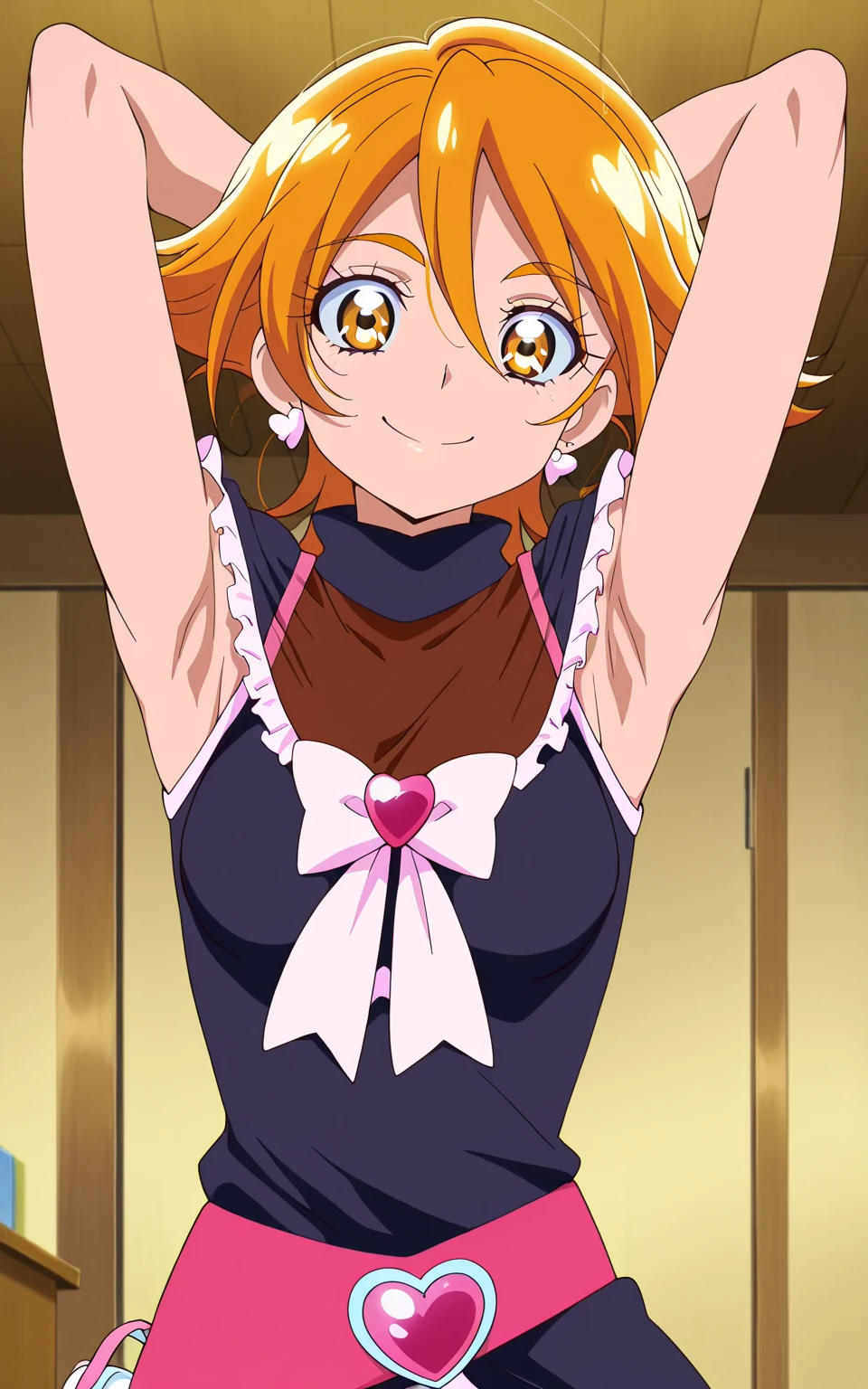 (1girl in, hight resolution,, Very detailed, full of details),NSFW,cleavage of the breast,fullnude,facing front,perspiring,red blush,transformation costume,Dynamic Poses,brown haired,green colored eyes,fight、tiny chest