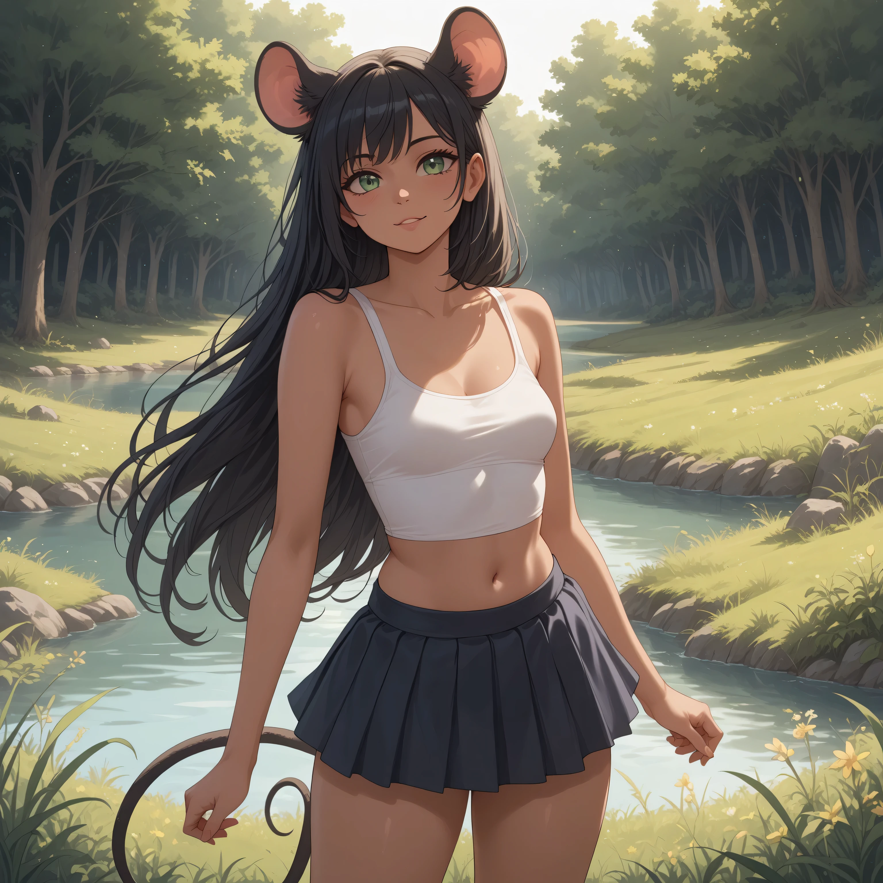 (Masterpiece) (High Detail) (High Res) A close up of a tiny short small Humanoid Mouse Female with tanned skin and bright green eyes and flowing black hair and fluffy black mouse ears and a mouse tail and small breasts. She is sat in the countryside and there are trees and grass and a river around her. She is wearing a small white crop top and skirt. Long Hair. Tanned skin. Black mouse tail. Tanned skin. Hispanic. Cinematic lighting. 