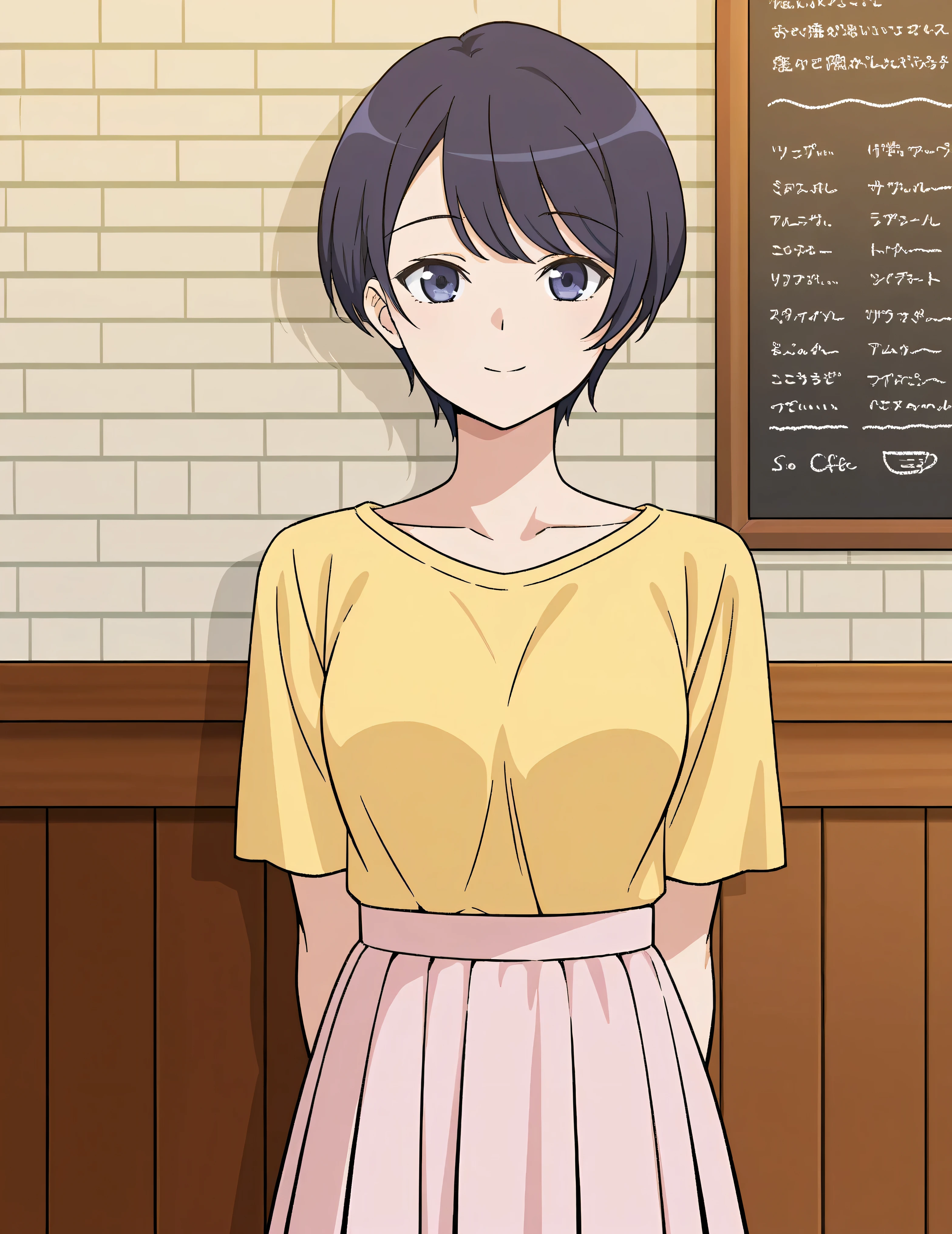 score_9, score_8_ up the side, score_7_ up the side, source_Anime,( top quality:1.1), ultra detail, high resolution,超 Detailsなスキン, beautiful detailed eyes,8k, sharp concentration, beautiful, beautiful eyes, anatomically correct , anatomically correct face,極めて Detailsな目, smooth edge , beautiful face, symmetrical eyes, symmetrical face at school, American Muzzle , 1 girl, Alone, short hair, is staring at the viewer, smile, bangs, Cafe, casual yellow shirt , medium pink skirt, pleated skirt, Closed Mouth, cowboy shot, short hair , medium bust, Chest , clavicle, メイク up the side, elegant smile, Details, low short hair ,