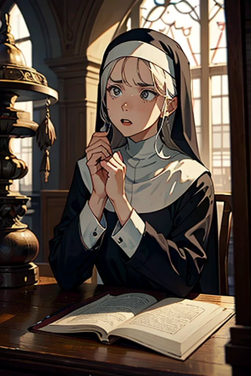 origen, (nun), 1girl, from behind, church, masterpiece, best quality