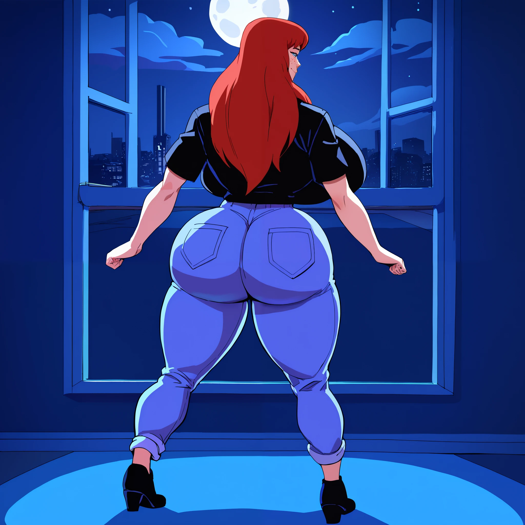 score_9, score_8_up, score_7_up, score_6_up, score_5_up, score_4_up, BREAK, 1girl, MJ, freckles arcoss face, blue eyes, dark red hair, black shirt, dark blue jeans, blue black shoes, very long straight hair, 1girl, ((huge breasts, huge butt, thick thighs, curvy hips)), full body view, back view, highly detailed, masterpiece, standing, seductive smile, inside new york apartment background, dark blue walls, blue carpet, at night, moon shining down through window.