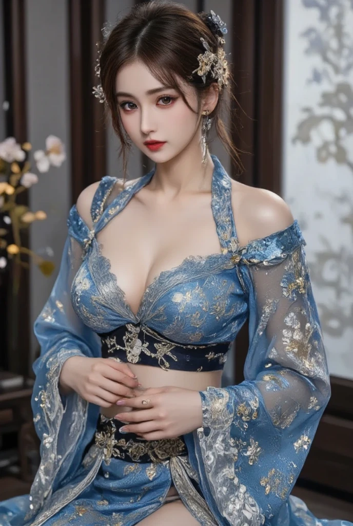 she has beautiful small eyes and long natural eyelashes, she has small but little full rose lips, high quality, Chinese girl with coins gold , thick body, curvy body, curvy waist, big breast, white skin, gorgeous costumes embroidered with intricate embroidery, exposed breasts, flowing tulle, transparent long colorful ribbons tied on the arms, inspired by cinderella, showing navel, bare shoulders, bare neck, hair in a high bun with flower hairpins, ribbons on arm rings, wreaths, bracelets, anklets, high heels, metal chain tassels on the waist, Mogao Grottoes art, ink painting, cgstation pop, in the night beach, ((fullbody)), ((super realistic))
