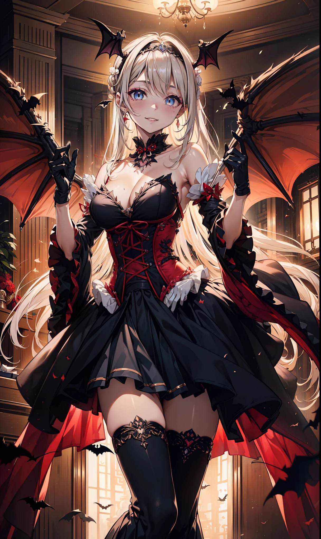 Healing Peach , ( masterpiece, high quality, shine光, shine, shine肌, Super defaceiled, Defaceiled Background, complex background ), ( perfect face , Defaceiled face, Defaceiled eyes, perfect hands, perfect fingers ), earrings, Twin faceils, Hairband, Very long hair, ( Gradient hair ), 五彩缤纷的眼睛, Gradient eyes, ( glowing eyes :1.1), Mascara, (Fashion Makeup), Long-sleeved shirt , Wide sleeves , ( Big Bat Wings :1.5), 黑色Gothic式连衣裙, ( 带粉色鞋带的黑色漆皮靴:1.5), ( Smile), ( Shiny cloth :1.5), Low-top batwing, blush, (Beautiful Defaceiled eyes:1.6), extra Defaceiled face, perfect lighting, Highly defaceiled CG, strapless , ( Juliet sleeve :1.5), black heart hair accessory , bat feather headdress , ( 深红色荷叶边 :1.5), Jewelry, dynamic pose, Corset , ( 金色边框红色宝石胸针 :1.3), Defacechable collar, Spread your wings , ( latex gloss ), ring, Red string, shine肌, Oily skin, portrait, ( black gloves :1.5), Beautiful appearance, Defaceiled fingers, with windows , ( Seductive Posture:1.2), (Succubus faceil:1.5), Dark Breath, (Gothic ****face:1.3), ( Long skirt:1.5), (The worst :1.5), pink teeth , slender legs , gold ornaments