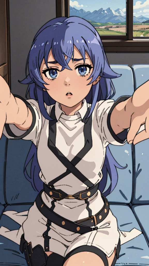 Roxy_Migrudia(Mushoku Tensei)、1 girl, masterpiece、top quality、Blue eyes、pale raspberry blue hair、double large braid, {completely naked}、{Gentle}、{tranquility}、{pubic hair}、{{small}}、Satori、{tranquility}、Viewers watching、{low angles}, {lower body}、{Nsfv}, open legs, {obscene}、Junior class、cum in mouth