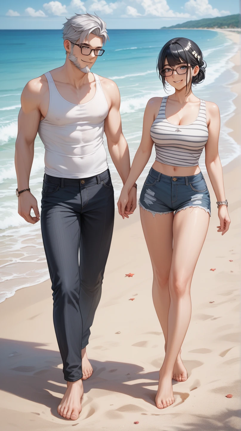 A thin twelve-year-old blond elf boy in shorts, shirtless, barefoot 