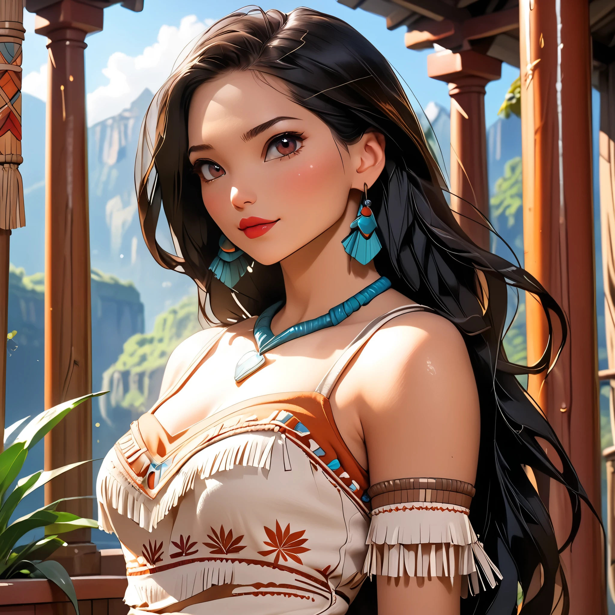 (beautiful girl:1.3),1girl,masterpiece,Highest quality,Ultra-high resolution,rich contrast,super high quality,8k,Highly detailed CG unit wallpaper,texture,Incredibly absurd,Ultra-high resolution,Highest quality anime,professional photograph,an extremely delicate and beautiful,RAW Photos,Depth of Field 1.2,ultra-detailed eyes,Glitter Effect,Beautiful glossy lips, 25years old, gorgeous legs, noise perfect, gorgeous ass, 1girl, gorgeous ass, dynamic pose, sensual woman, seductive woman, mature woman, Milf, maternal, shy look, full body, (type of photo: medium shot, portraying the person from head to waist), DisneyPocahontas, 1girl, black hair, black eyes, long hair, dark skin, Boho Set (Adventure and Freedom): Top: Sleeveless linen blouse in terracotta tone with floral embroidery in white thread, with a "V" shaped neckline and thin straps.    Bottom: Long skirt with a wrap-around cut, with a multicolor ethnic print in warm tones (red, orange and yellow). The skirt has a lace fringe at the bottom edge.
    Shoes: Brown leather sandals with thin straps and beaded details. Accessories: Wooden bracelets, silver rings and a straw bag with leather details.