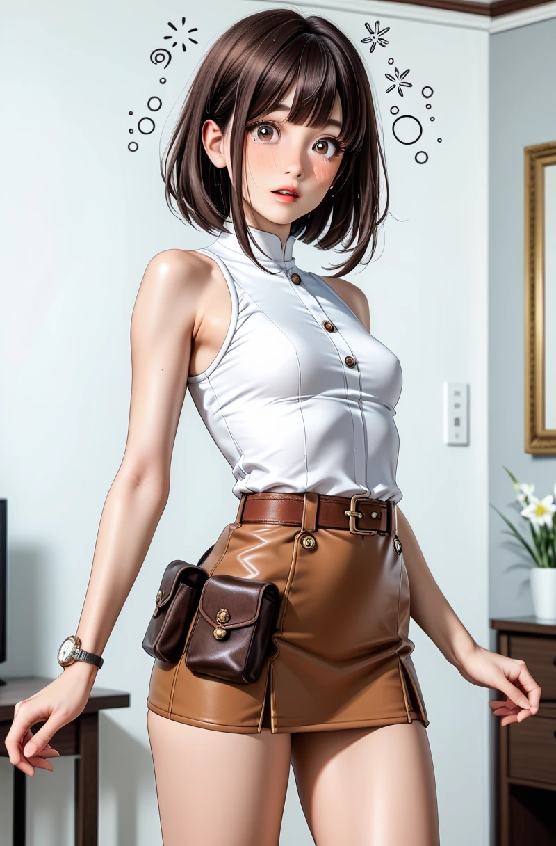 (((NSFW:1.5))),(((nude1.6))),(((1 person:2.0))),(((naked:1.5))),(((Wear a western belt:1.2))),((Put the watch on your wrist:1.2))),(((Showing cleavage))),(((Exposed thin inner thighs))),(((Small breasts:1.5))),(((nakedの腕))),(((Very short hair))),((Blushed:1.5)), Beautiful detailed girl, Very detailed目と顔, finelyてBeautiful Eyes, Very detailed, High resolution, highest quality, masterpiece, Very detailed, 8k wallpaper, wonderful, finely, highest quality,(Wooden wall facade:1.2),(Dark indoors:1.0),Beautiful Eyes,((Engage your audience:1.2)),,Above the knee shot,((Are standing:1.2)),(((Drunk and feeling sick 1.5)))