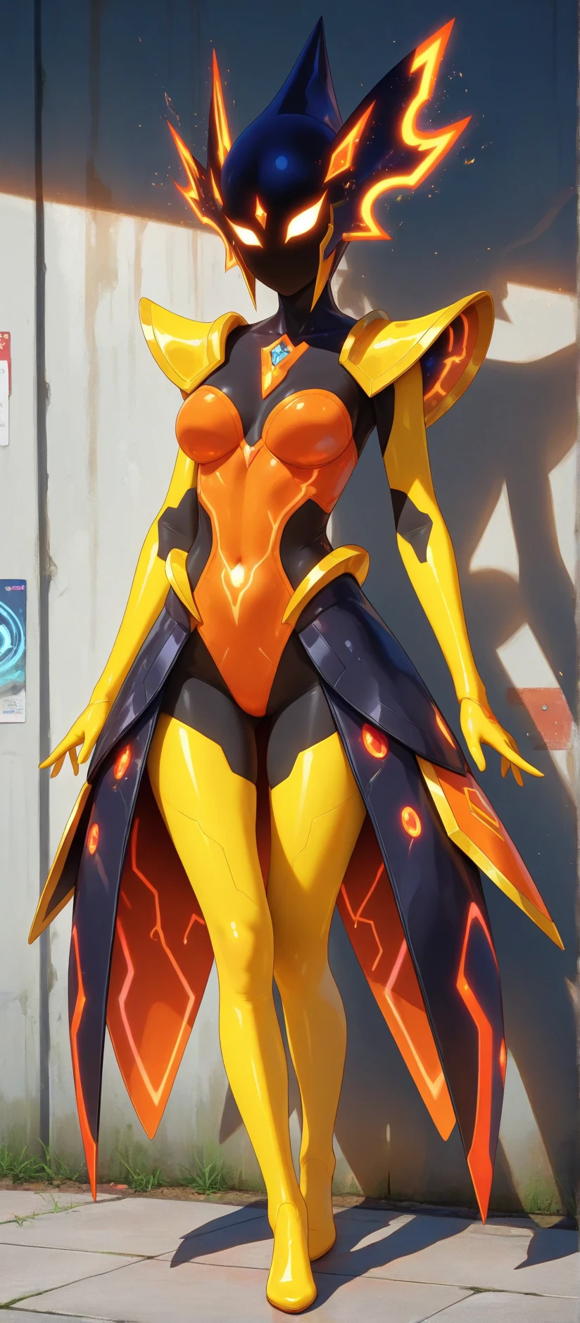 A close up of a woman in a costume with a fire on her chest - SeaArt AI