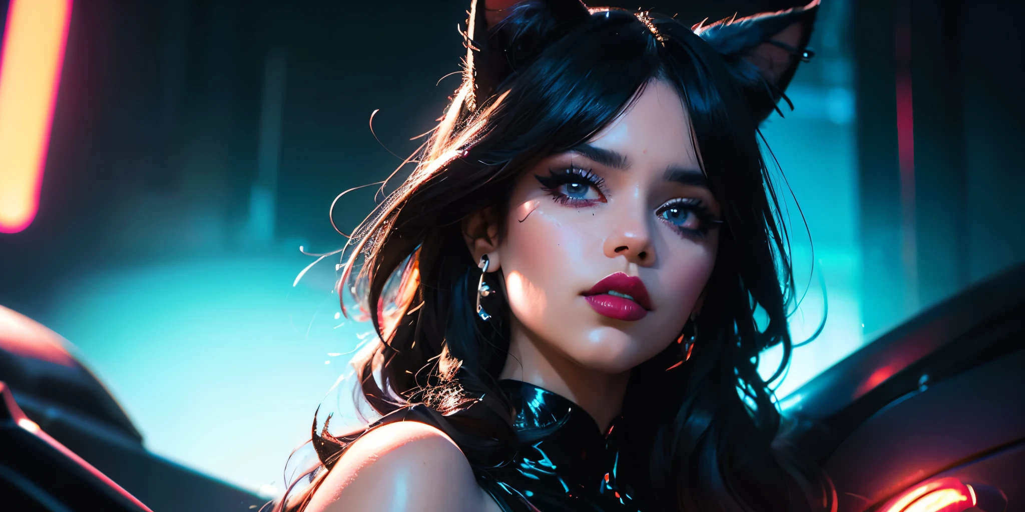 there is a woman, Dua Lipa, posing in front of a poster with a monkey on it, frank kozik, with neon lights, angry high moral sexy werewolf, by Ignacio Zuloaga, burlesque psychobilly, sexy look, bold rave outfit, neon noir, maniac look, inspired by Tadanori Yokoo, alex yanes, by Matteo Pérez