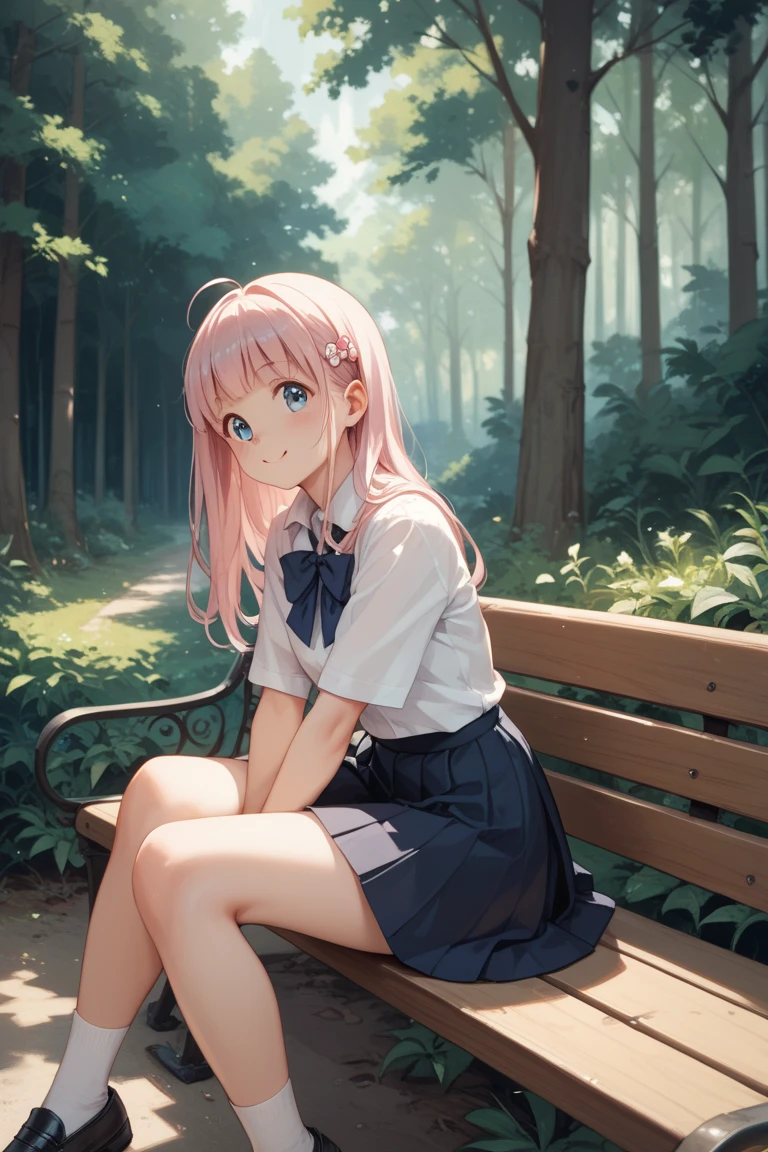 Coral Pink Hair,long hair,hair covering one eye,gray eyes,feather hair accessories,Lovely,girl,nine-headed body,Smiling expression,White shirt,skirt,Wear small leather shoes,Sitting on the lawn,whole body,Don't show your arms,The background is a lawn,Blue sky and white clouds