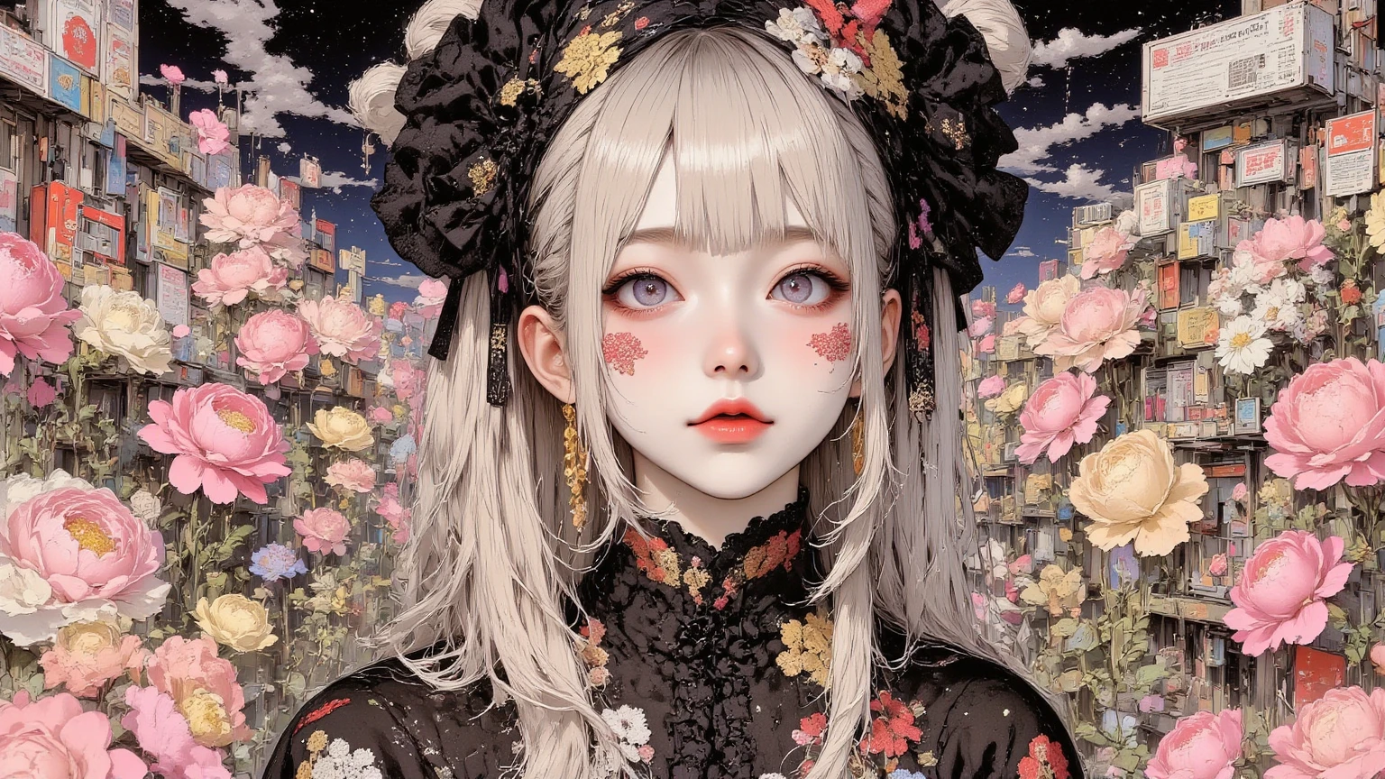 Sitting on a wooden chair, Floral wallpaper with background, Upper body only, I don't draw hands,