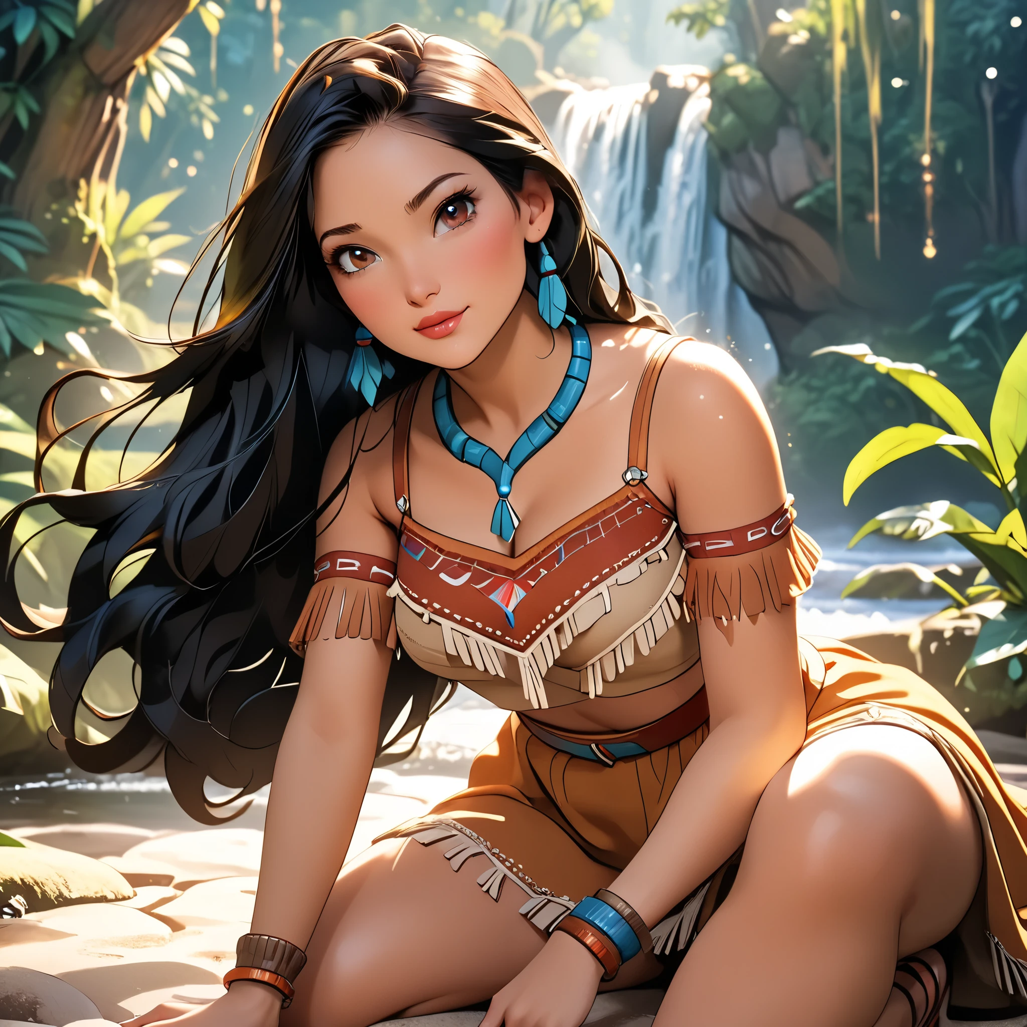 (beautiful girl:1.3),1girl,masterpiece,Highest quality,Ultra-high resolution,rich contrast,super high quality,8k,Highly detailed CG unit wallpaper,texture,Incredibly absurd,Ultra-high resolution,Highest quality anime,professional photograph,an extremely delicate and beautiful,RAW Photos,Depth of Field 1.2,ultra-detailed eyes,Glitter Effect,Beautiful glossy lips, 25years old, gorgeous legs, noise perfect, gorgeous ass, 1girl, gorgeous ass, dynamic pose, sensual woman, seductive woman, mature woman, Milf, maternal, shy look, full body, (type of photo: medium shot, portraying the person from head to waist), DisneyPocahontas, 1girl, black hair, black eyes, long hair, dark skin, Boho Set (Adventure and Freedom): Top: Sleeveless linen blouse in terracotta tone with floral embroidery in white thread, with a "V" shaped neckline and thin straps. Bottom: Long skirt with a wrap-around cut, with a multicolor ethnic print in warm tones (red, orange and yellow). The skirt has a lace fringe at the bottom edge. Shoes: Brown leather sandals with thin straps and beaded details. Accessories: Wooden bracelets, silver rings and a straw bag with leather details.