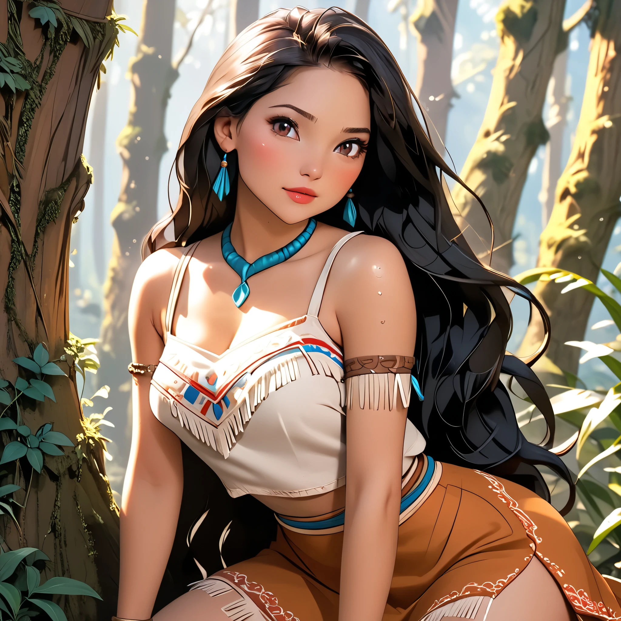 (beautiful girl:1.3),1girl,masterpiece,Highest quality,Ultra-high resolution,rich contrast,super high quality,8k,Highly detailed CG unit wallpaper,texture,Incredibly absurd,Ultra-high resolution,Highest quality anime,professional photograph,an extremely delicate and beautiful,RAW Photos,Depth of Field 1.2,ultra-detailed eyes,Glitter Effect,Beautiful glossy lips, 25years old, gorgeous legs, noise perfect, gorgeous ass, 1girl, gorgeous ass, dynamic pose, sensual woman, seductive woman, mature woman, Milf, maternal, shy look, full body, (type of photo: medium shot, portraying the person from head to waist), DisneyPocahontas, 1girl, black hair, black eyes, long hair, dark skin, Boho Set (Adventure and Freedom): Top: Sleeveless linen blouse in terracotta tone with floral embroidery in white thread, with a "V" shaped neckline and thin straps. Bottom: Long skirt with a wrap-around cut, with a multicolor ethnic print in warm tones (red, orange and yellow). The skirt has a lace fringe at the bottom edge. Shoes: Brown leather sandals with thin straps and beaded details. Accessories: Wooden bracelets, silver rings and a straw bag with leather details.