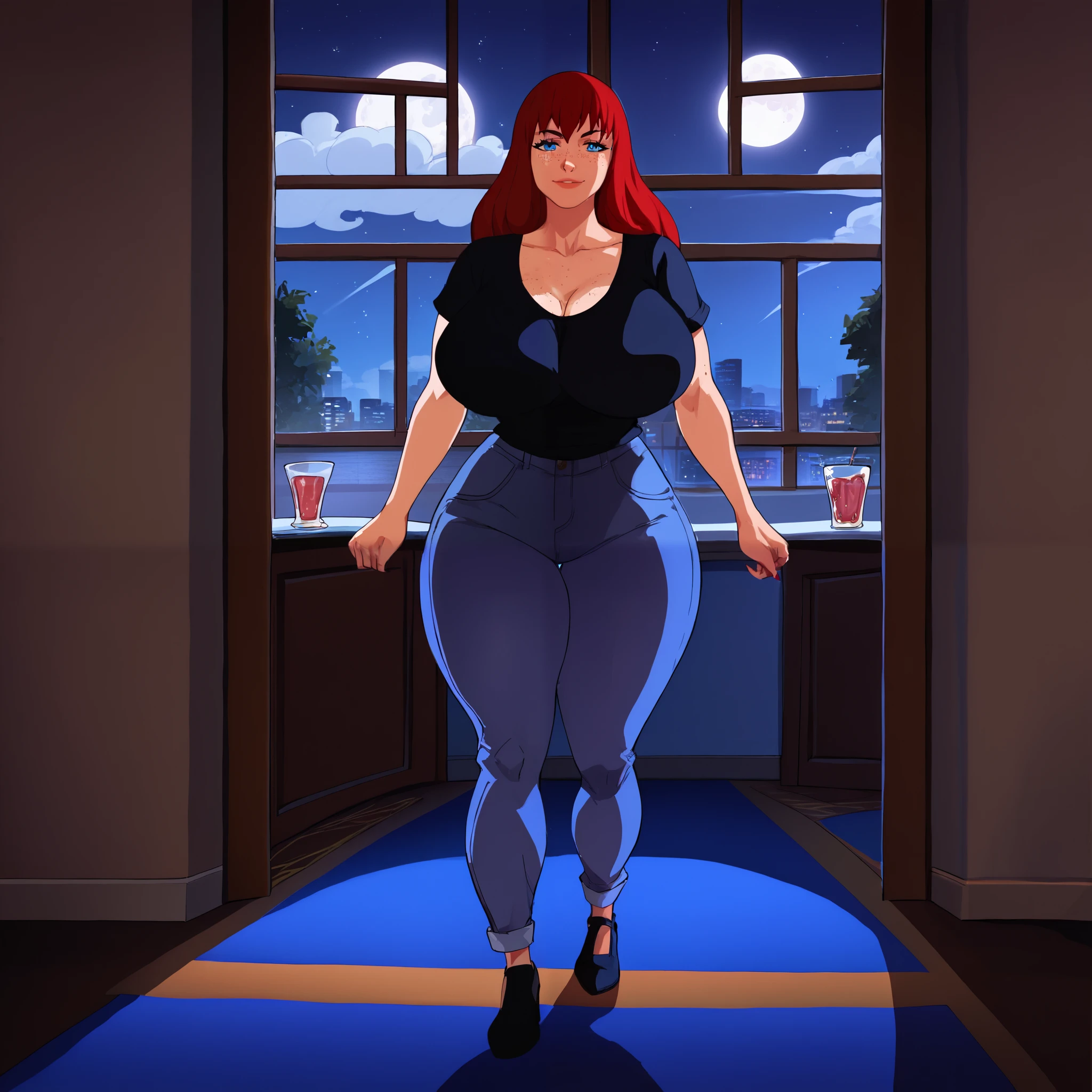 score_9, score_8_up, score_7_up, score_6_up, score_5_up, score_4_up, BREAK, 1girl, MJ, freckles arcoss face, blue eyes, dark red hair, black shirt, dark blue jeans, blue black shoes, long straight hair, 1girl, ((huge breasts, huge butt, thick thighs, curvy hips)), full body view, front view, highly detailed, masterpiece, standing, seductive smile, inside new york apartment background, dark blue walls, blue carpet, at night, moon shining down through window.