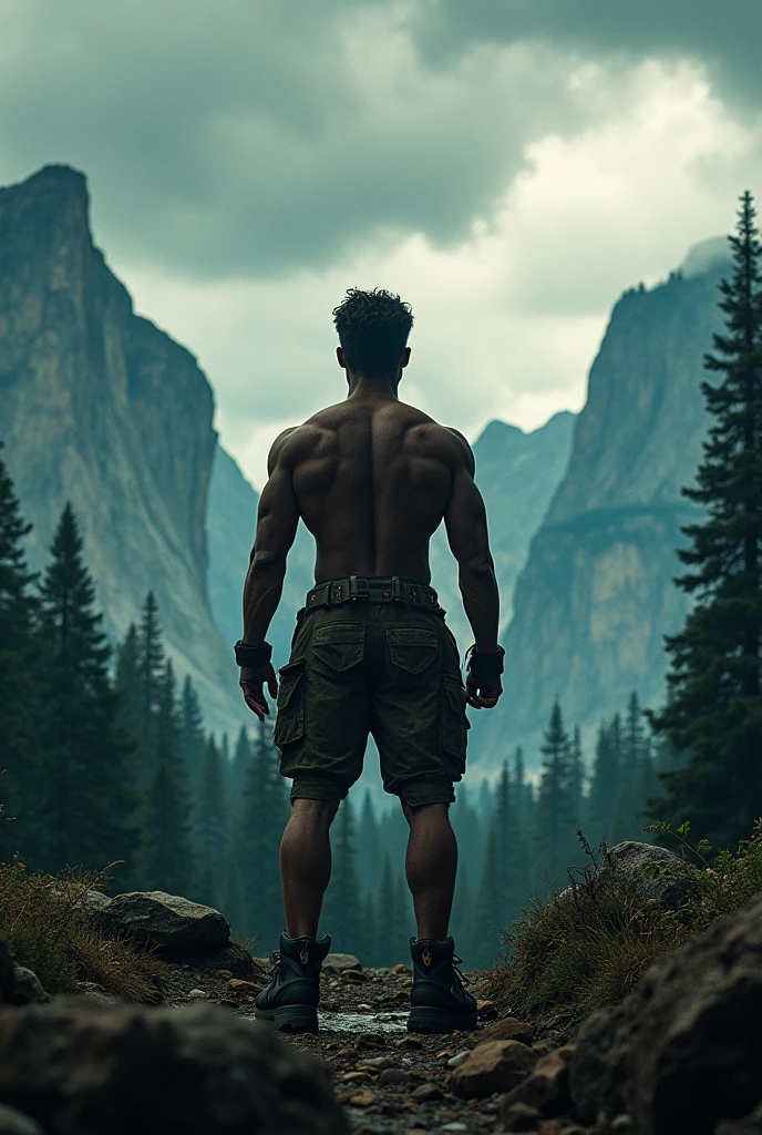 There was a man standing on a mountain looking at the sky, Jereme Momoa 飾 Tarzan, cinematic body shot, in a menacing pose, slender and muscular build, Ripped, rocky foreground, strong and imposing, Shirtless, strong pose, Dramatic silhouette of the whole body, Lean and muscular, strong and muscular, upperbody shots, musculous,Frightening, profile shot, muscular character