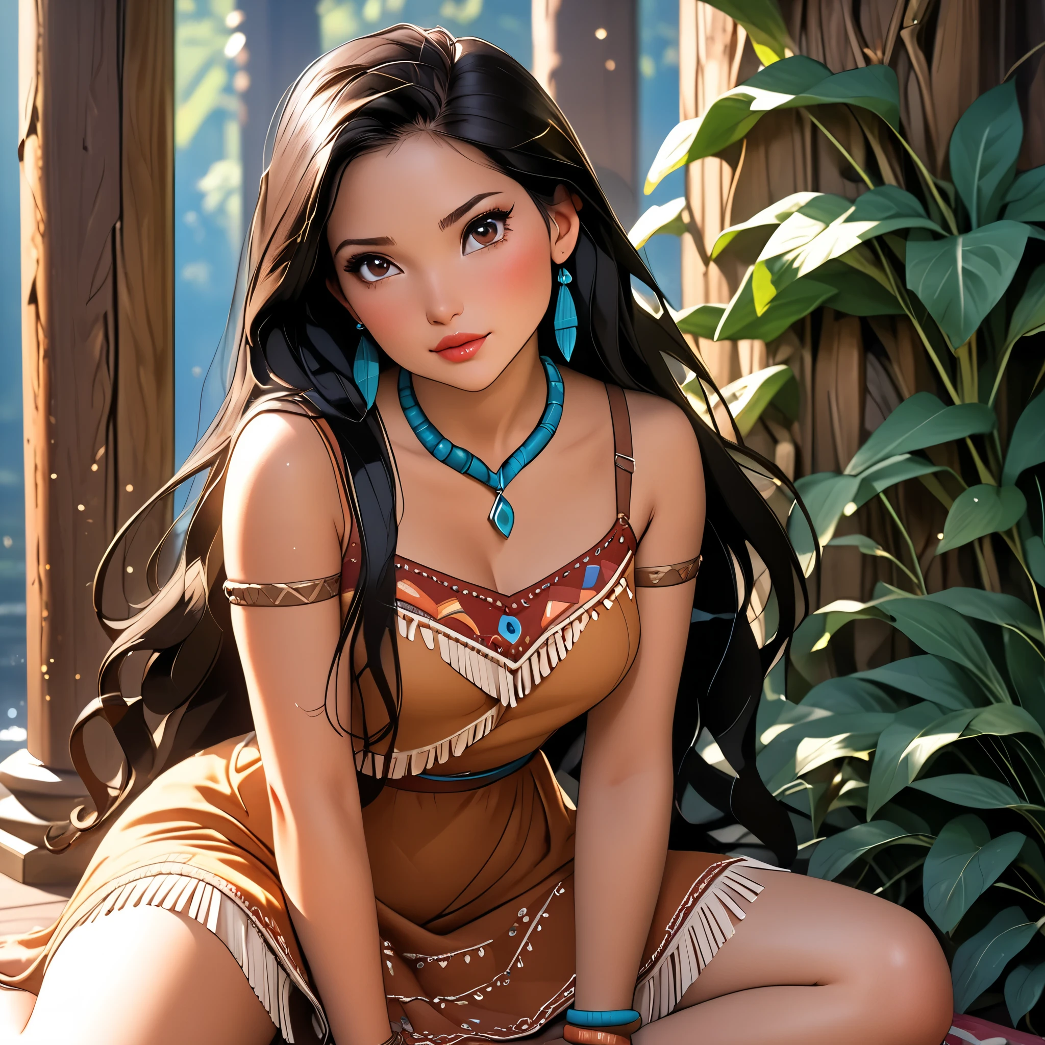 (beautiful girl:1.3),1girl,masterpiece,Highest quality,Ultra-high resolution,rich contrast,super high quality,8k,Highly detailed CG unit wallpaper,texture,Incredibly absurd,Ultra-high resolution,Highest quality anime,professional photograph,an extremely delicate and beautiful,RAW Photos,Depth of Field 1.2,ultra-detailed eyes,Glitter Effect,Beautiful glossy lips, 25years old, gorgeous legs, noise perfect, gorgeous ass, 1girl, gorgeous ass, dynamic pose, sensual woman, seductive woman, mature woman, Milf, maternal, shy look, full body, (type of photo: medium shot, portraying the person from head to waist), DisneyPocahontas, 1girl, black hair, black eyes, long hair, dark skin, Boho Set (Adventure and Freedom): Top: Sleeveless linen blouse in terracotta tone with floral embroidery in white thread, with a "V" shaped neckline and thin straps. Bottom: Long skirt with a wrap-around cut, with a multicolor ethnic print in warm tones (red, orange and yellow). The skirt has a lace fringe at the bottom edge. Shoes: Brown leather sandals with thin straps and beaded details. Accessories: Wooden bracelets, silver rings and a straw bag with leather details.