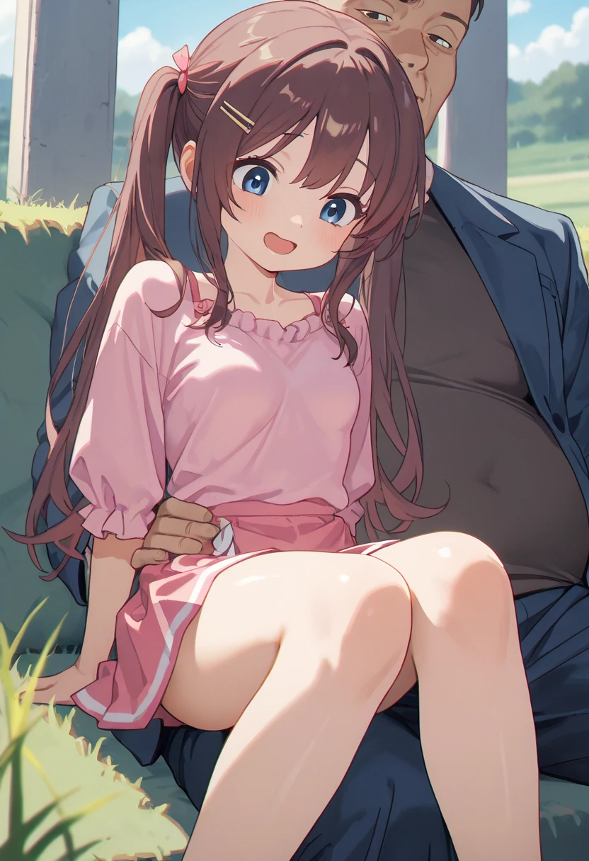 masterpiece, Highest quality, Nico_Yazawa,High resolution, 1 Girl, alone, Brown Hair, short hair, Twin tails、Purple eyes, Cowboy Shot, Frill dress, , Pink Dress, (Cleavage)、(Beautiful thighs)、city, Outdoor, garden, Carrying a red backpack, (randoseru backpack:1.2) Sweaty、Thick thighs、Highest quality、4K、1girl, 8ars old, lo, cute, grin, 、Skirt lift striped underwear、In the city、Many passersby are surrounding the girl.、、Thick thighs、Ahegao、Men holding their penises and surrounding girls、Semen from the penis、Bukkake、Bukkake、（Bukkake）