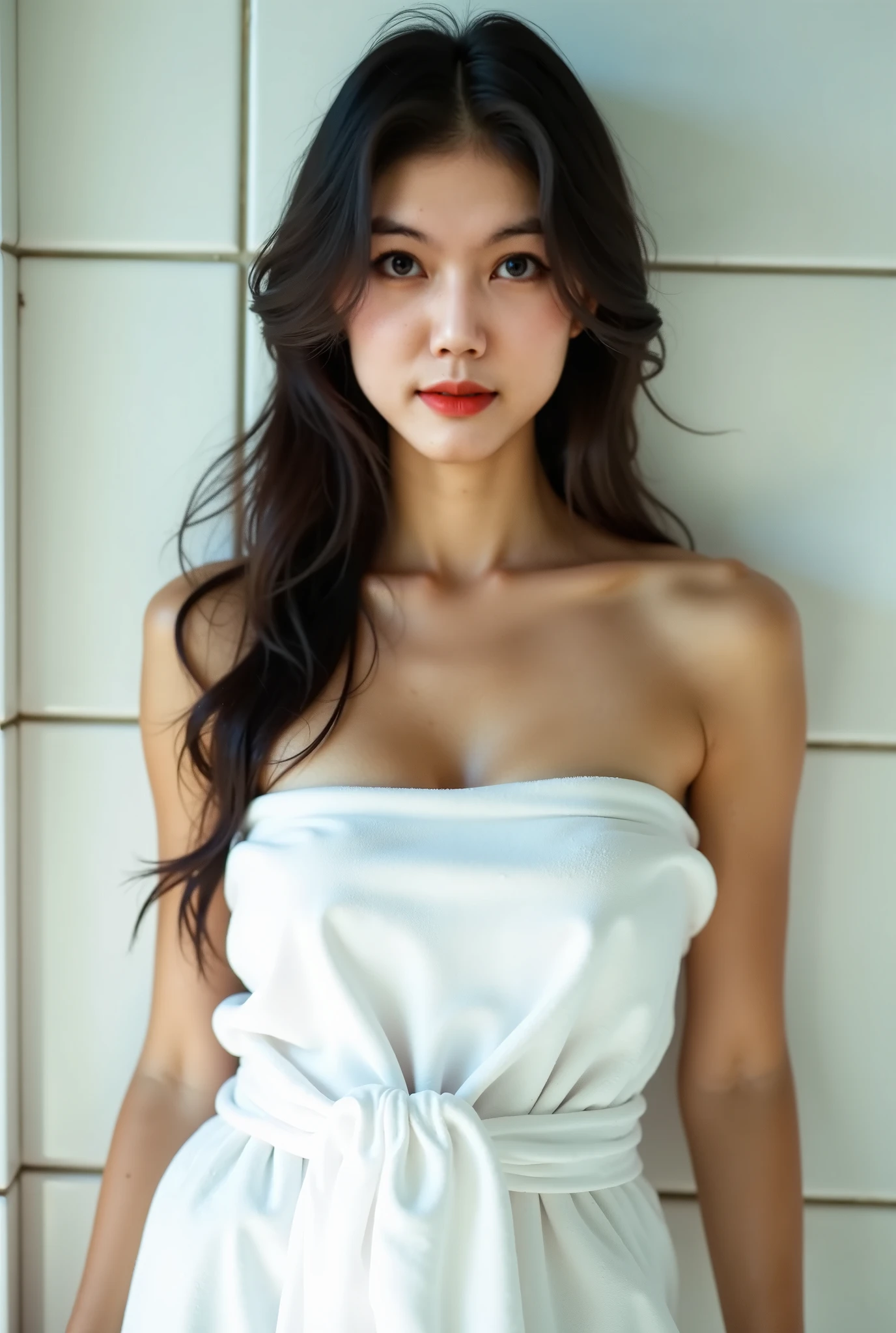 Thai Woman, look at viewer, long hair, white dress, cleavage, rim light, 35mm film, Kodak film