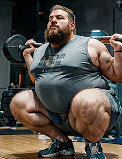 (Aerial view),dynamic angle,ultra-detalhado, illustration, ), Only huge plump morbid thighs extremely thick. He is bald and has a long beard with some gray hairs.. Ele veste camiseta regata de time de basquete. Homem abrindo o seu longo casaco e mostrando seu corpo usando apenas short. He's not wearing a shirt. ( Ultra realistic eye pupil and iris, detalhado. ) Training scenario in the weight training gym. He is lying in bed feeling a lot of pleasure.