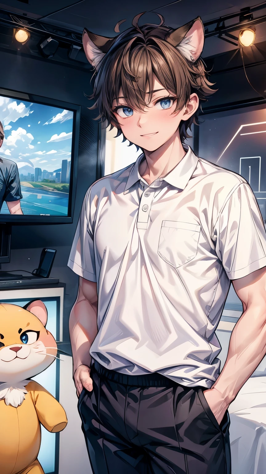 (One beautiful handsome man), (cute smile), open mouse, brown short hair, beautiful eyes, Beautiful double eyelids, broadly grinning, pointy nose, Smooth and glowing skin, broad-shouldered, ((furry cute standing mascot)), white polo shirt, blue slacks, star chest patch, flower wallpapers, standing, bulge between the legs, ((variety TV show studio)), ((pop interior)), (pop wallpaper)), Digital painting, 16K, Best quality, masterpiece, ultra-detailed, medium shot, anatomically correct, good hands, look at us, Nobody's here