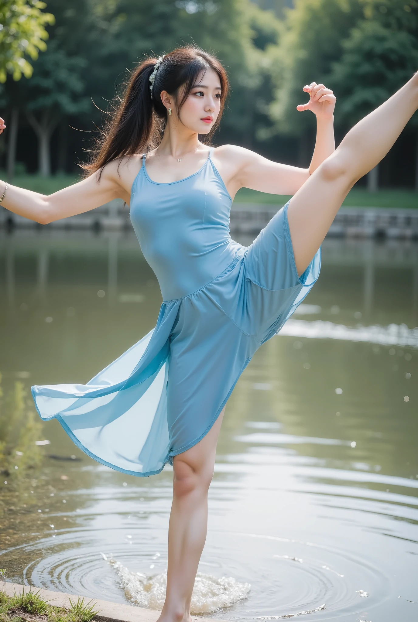 (((((Standing Splits))))),“Making a heart shape with both arms,(yushuishan, 1girl, water, barefoot, bare legs, long hair, jewelry, dress, hand fan, solo, anklet, forehead mark, dancing, blue dress, splashing, black hair, full body, standing on one leg, hair bun, hair ornament, facial mark, earrings, ripples,
Best quality,masterpiece,ultra high res,