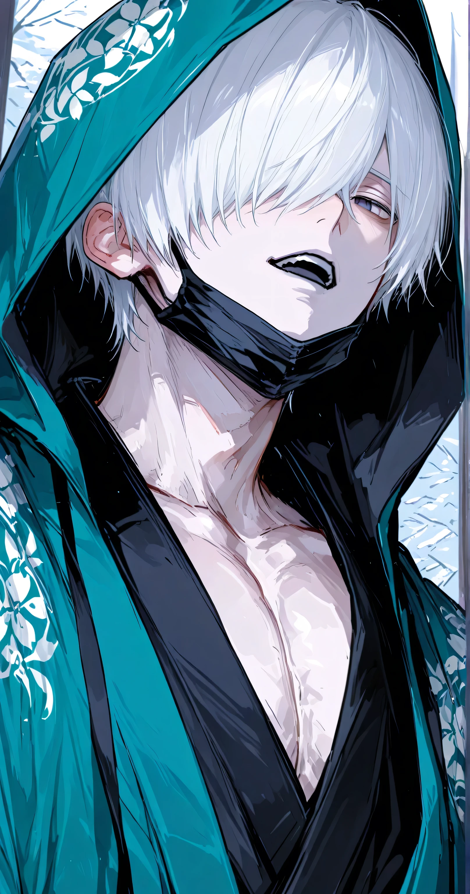 Hooded kimono, 1boy, solo, white hair, hair over one eye, black mouth mask,