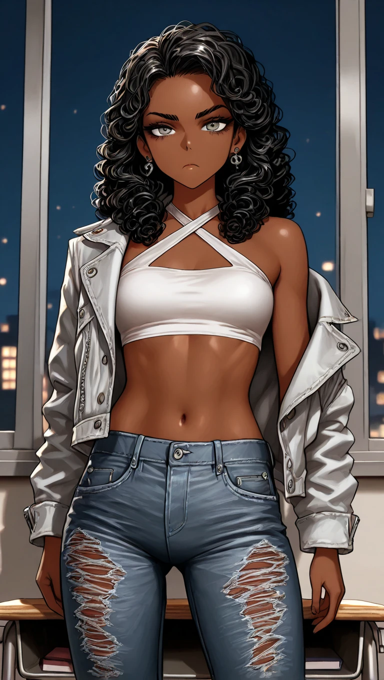 a very attractive ebony skinned female wearing a cropped white tanktop showing toned belly, is thicc, has green eyes has puffy curly hair, wearing torn jean shorts with fishnets showing