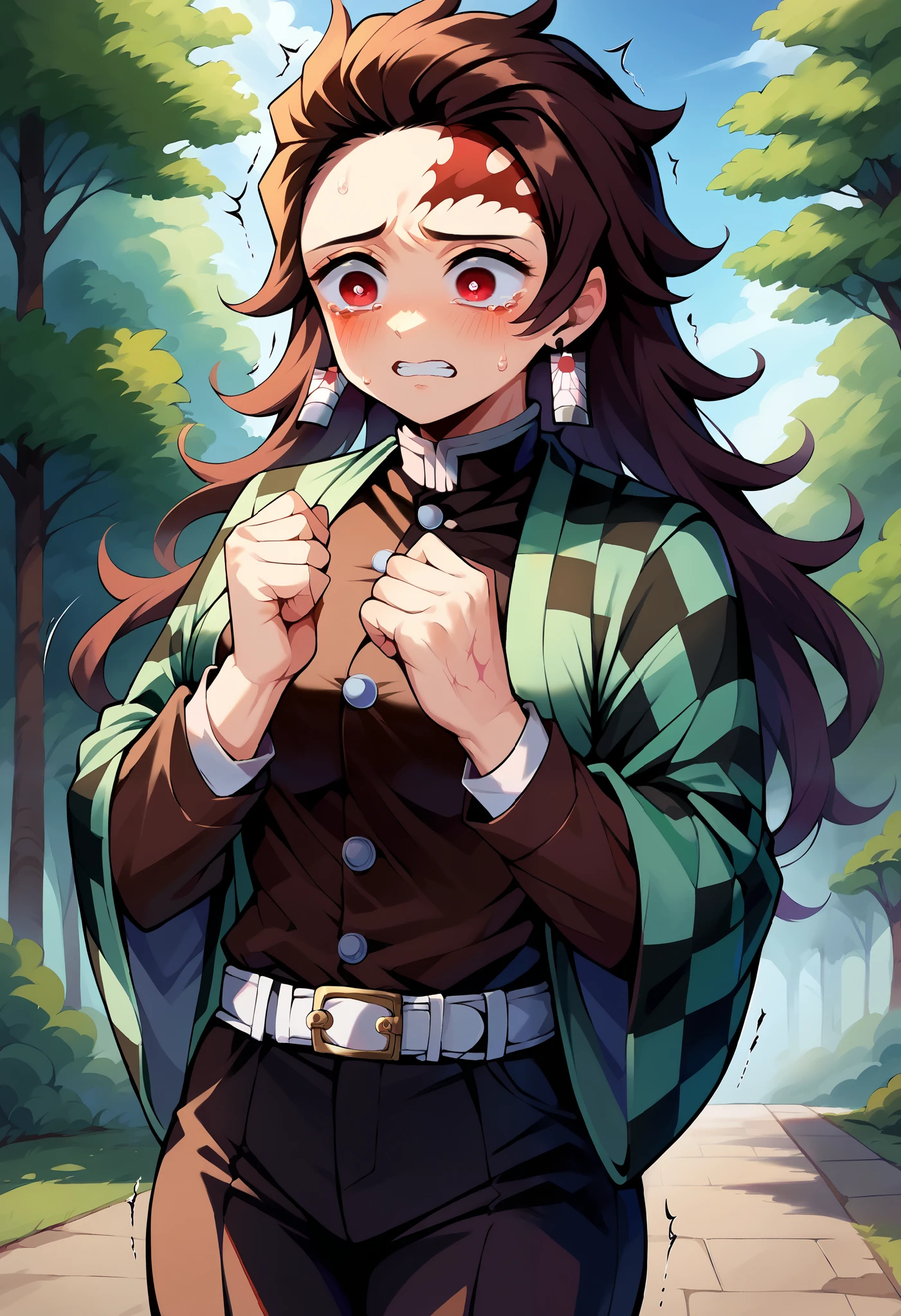 score_9, score_8_up, score_7_up, 1girl, solotanj1rokamad0, scar on forehead, long hair, brown hair, red eyes, demon slayer uniform, japanese clothes, checkered clothes, haori, black jacket, long sleeves, black pants, white belt, shaking, earrings, scared, blushing, standing,female posture, flexed arms, hands up, sad, sweating, forest, looking down, medium breasts, genderswap \(mtf\)
