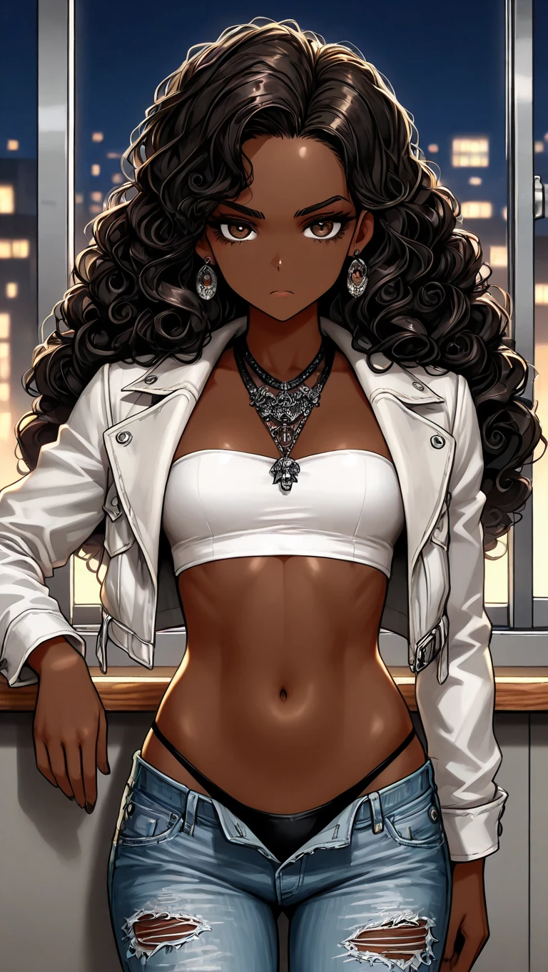 1980s \(style\), (masterpiece, best quality:1.3), 1girl, (dark (umber:1.2) skin, dark alternative style:1.5), (black african american afro hairstyle:1.7) afro african american 4c hair, (lace black top:2),( cleavage, (big breasts:1.5):1.1) (fully clothed:1.3) (thin small thighs:1.4), (black shorts (high waisted:1.1) alt style:1.2) midriff showing, shiny metal, body blush, (red bows in hair:1.3) (hoop earrings:1.2), black hair, , (black frame big glasses on face:1.2),( brown eyes:1.2), smile, silver necklace with glass pendant, alternative style black and silver chain bracelets,  black strap on arm and thigh, black boots, skatepark, alleyway, graffiti, red city lights, shooting stars, crescent moon,light particles,  moon, moonlight, night, night sky, retro artstyle, <lora:80sv1:0.6> <lora:add_detail:0.2>