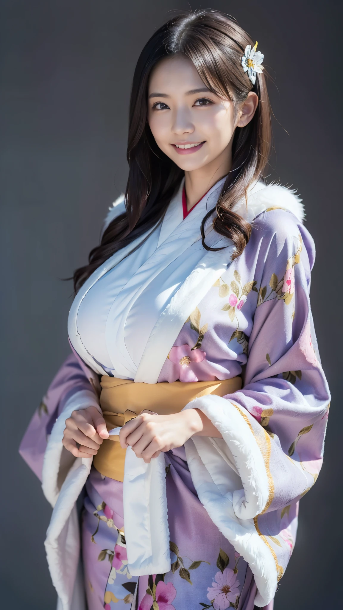 top quality, Masterpiece, Ultra High Resolution, High Definition RAW Color Photos , pro pics, natural skin texture, fine skin, hyperrealism, Ultra-Fine,16k, smiles,(gigantic breasts),Japan, coming-of- ceremony photos ,(((煌びやかなJapanの着物,floral long sleeve kimono,right color花柄振袖,white fur shawl,Fur stole,Japan人女性2人,another face duo,minimal background ))),