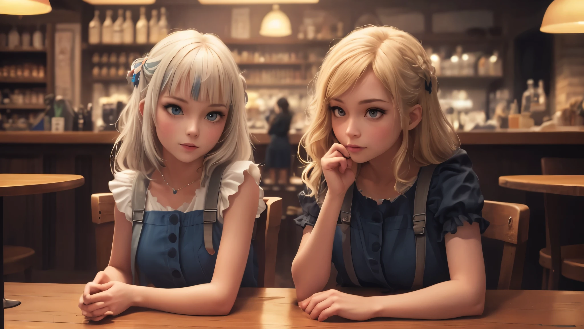 Skinny Gawr Gura.(official art、highest quality、Unity 8k wallpaper、32K、masterpiece、super detailed、超high resolution、realistic、Photoreal:1.2)、(cinematic lighting:1.2)、fire glow effect、film grain、best shadows、rim lighting、side light、(Super detailed and complex 3D rendering)、Background like Makoto Shinkai、detailed beautiful face and eyes、(Beautiful and sharp pupils)、masterpiece, high resolution、highest quality, ultla highres, maximum resolution, very detailed, professional lighting, beautiful skin, 2 woman、very pretty、Inside the cafe、waitress、Maid clothes、work at a cafe、Maid clothes、skirt、shoes下、shoes、bright hair color、blonde、bangs、dull bangs、happy expression、the girl is looking away、The girl is looking to the side、Wide angle、zoomout、angle from below、(((Precise human body structure、Correct and accurate number of limbs、Correct and accurate number of fingers))) She lifted her skirt showing her charm. She knelt down with her mouth open