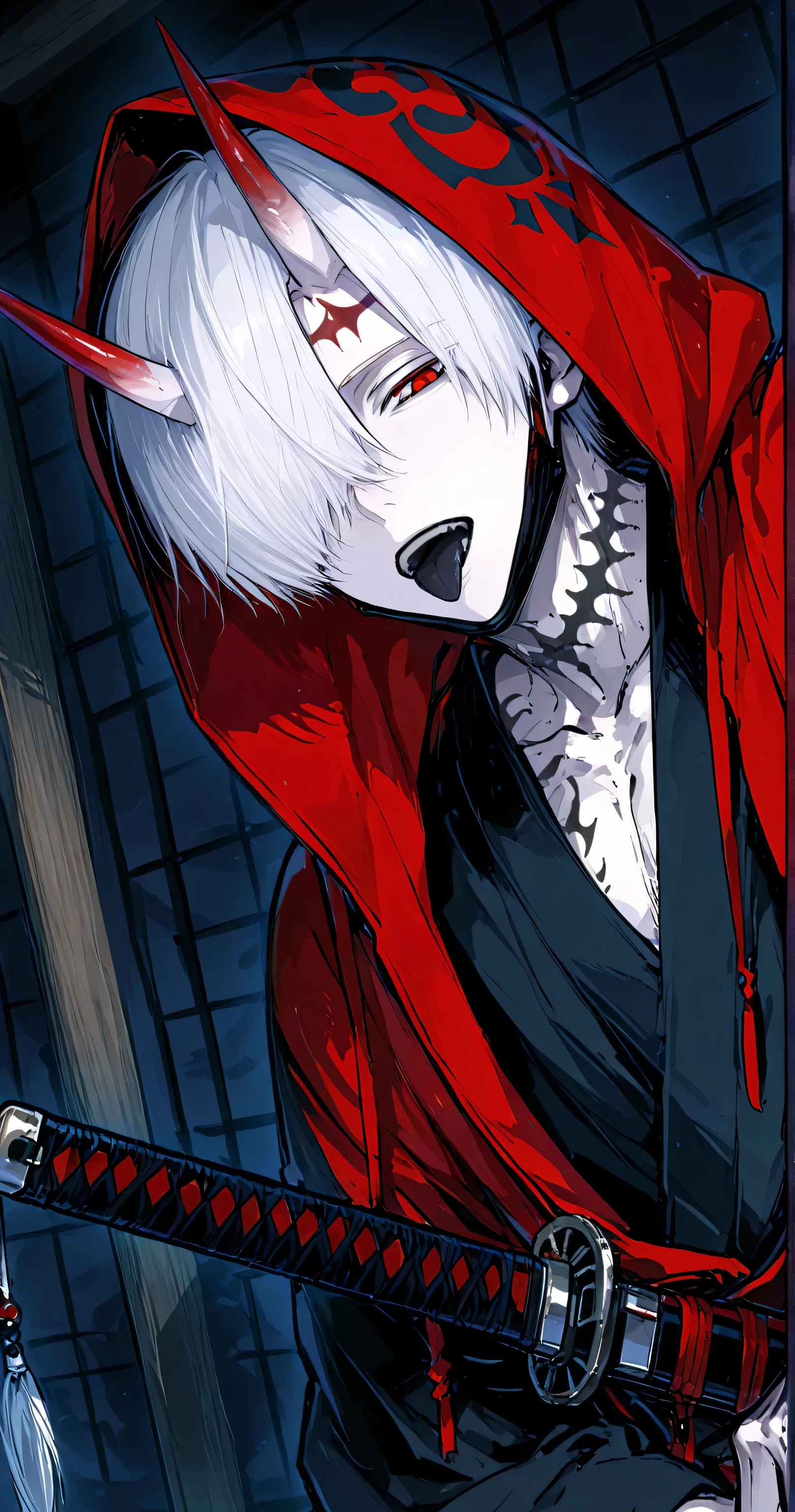 Hooded kimono , one boy, Alone, Gray Hair, hair hangs down to hide one eye, black mask , Black Sword, tongue, Soviet , long red onyhorn , Forehead corner, white skin