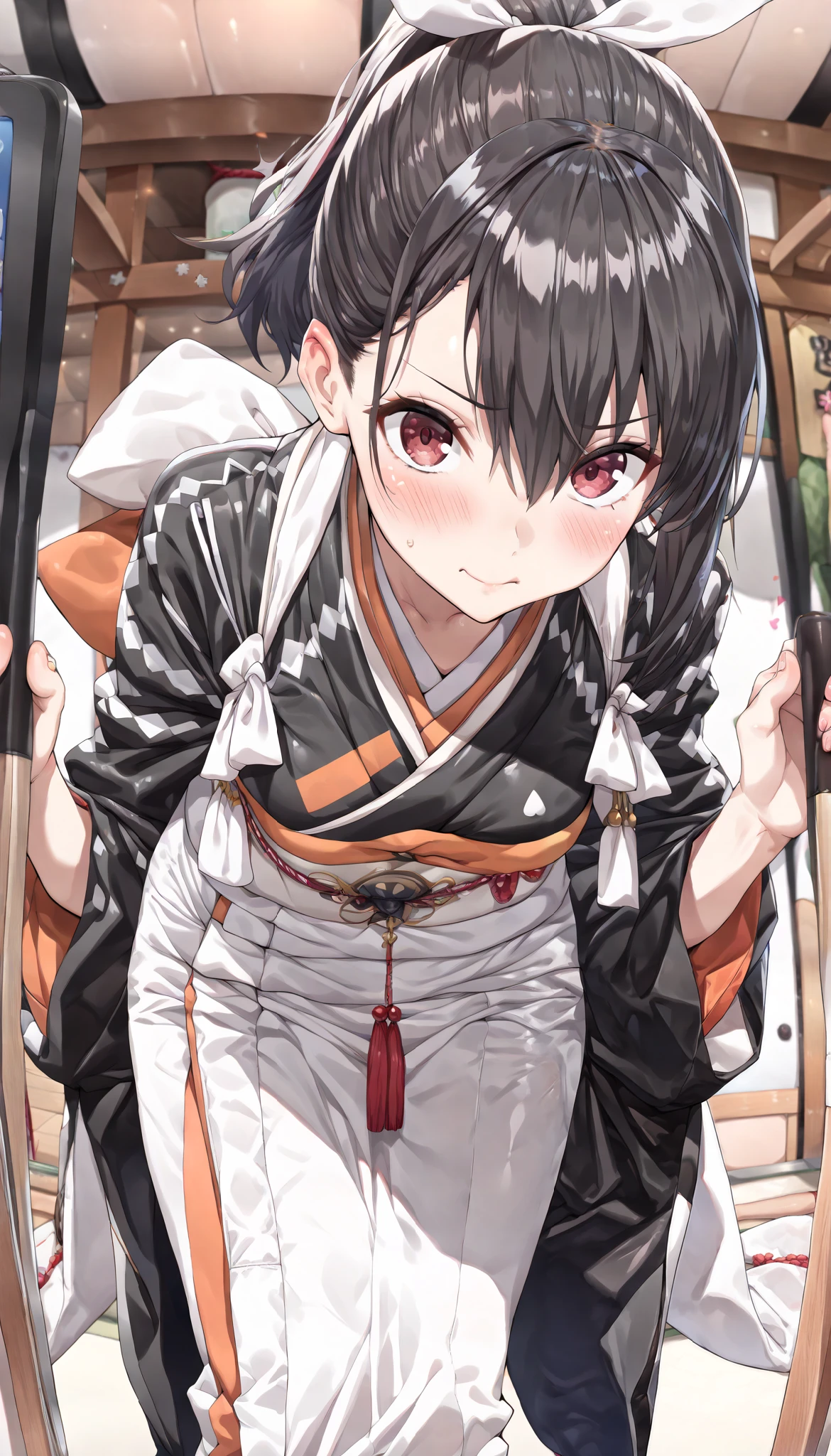 ((best quality)), ((masterpiece)), (detailed), perfect face, ((Best quality, 8k, Masterpiece: 1.3)), Shiny black hair, ponytail, leaning forward, Japanese-style outfit, kimono
