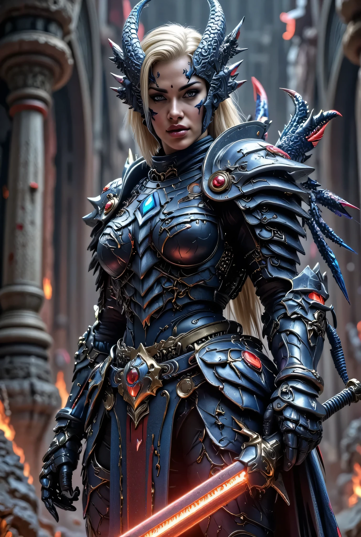 ((best quality)), (Masterpeace, high quality, high resolution, realistic photo, photography, detailed, no tattoos on face), 1 japanese porn star women fighter gangster , age from 30 to 36 years old, face Xo Gisele, 8k_wallpaper, extremely detailed eyes, (large masterpiece digital art), (intricate details:1.3 ), (ultra-detailed:1.3), (sharp focus:1.3), (natural lighting:1.05), (vivid colors:1.3), (best quality:1.4), HDR, studio lightings, expressive eyes, full body shot, detailed face, beautiful face, perfect face, a wary focused look and a lower lip slightly bitten by the upper teeth from tension, ((voluminous thick sandy blonde hair)), (korean light blue pink predatory makeup), {{wet light bronze skin}}, ({wet light bronze skinned female}), (big breasts), huge chest, (pelvis widens:2.4), big wide ass, powerful relief muscles of the abdomen and legs, powerful strong muscles of the arms, she is fully dressed in heavy thick powerful huge chest wide nano symbionic blue-black armor without a helmet in the style of a terrible black and gold dragon and blue octopus, ten thin tails of dark blue color with a slight glow end in sharp glowing tips, a hiking backpack, holds a rifle in her hands and slowly moves into the depths of the ruins of an underground ancient hall with statues of ancient porn monster goddesses made of white and red marble, weak moonlight, post-apocalypse, ultra-realism, hyperrealism, cinematic, dark fantasy, chinese style,