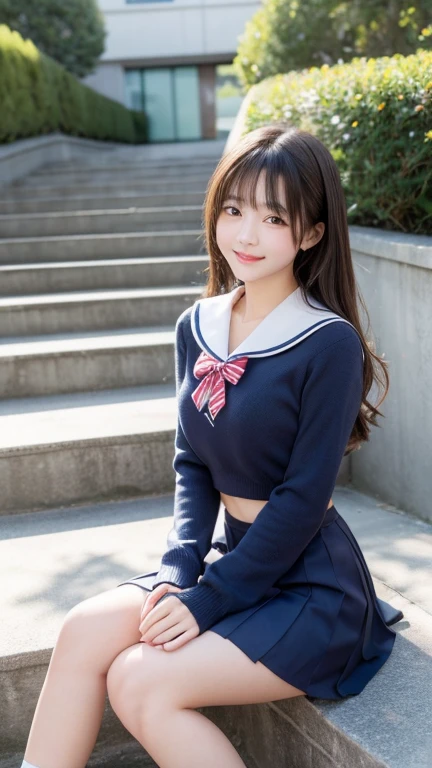 (highest quality, masterpiece:1.2), highest quality, High resolution, 1080P, 8K, Height: 150cm, ((A noble and intelligent girl like Japanese cute girly lady is hypnotizing and giggling, A very sweet, very noble, pretty and neat Japanese beautiful cute girl. Realistic very girly sweet cute noble girl like a princess is seated)), ((((14 years old, popular Japanese fashion model)))), ((((Very pure white face and hands and legs)))), Glossy lips, (Evenly cut bangs), ((Very beautifully laughing brown drooping gooey cute neat noble eyes)), ((straight black very very long straight hair)), Very lustrous, glossy lips, Open hand over open mouth, Beautiful hair like a hair model, Watching the viewer and laughing, ((Incredibly well organized, The expression is rich. plump and beautiful skin and face)), ((Pure and clear sweetly smiling eyes)), ((smiling at me)), Glossy Lips, ((noble and neat)), ((Like a succubus is fascinating with magic and giggling)), ((((A succubus is fascinating and calling to the deeper place forever)))), ((highly up-curved lips)), ((looking at the viewer directly)), white hands, ((Navy girls high school sailor uniform, Navy uniform sailor collar, Navy uniform checkered pleated skirt, Navy school shirt, Blue string ribbon tie)), (((An ecstatic expression of boundless joy))), In the endless darkness, numerous candles magically bring the succubus to life.)) 