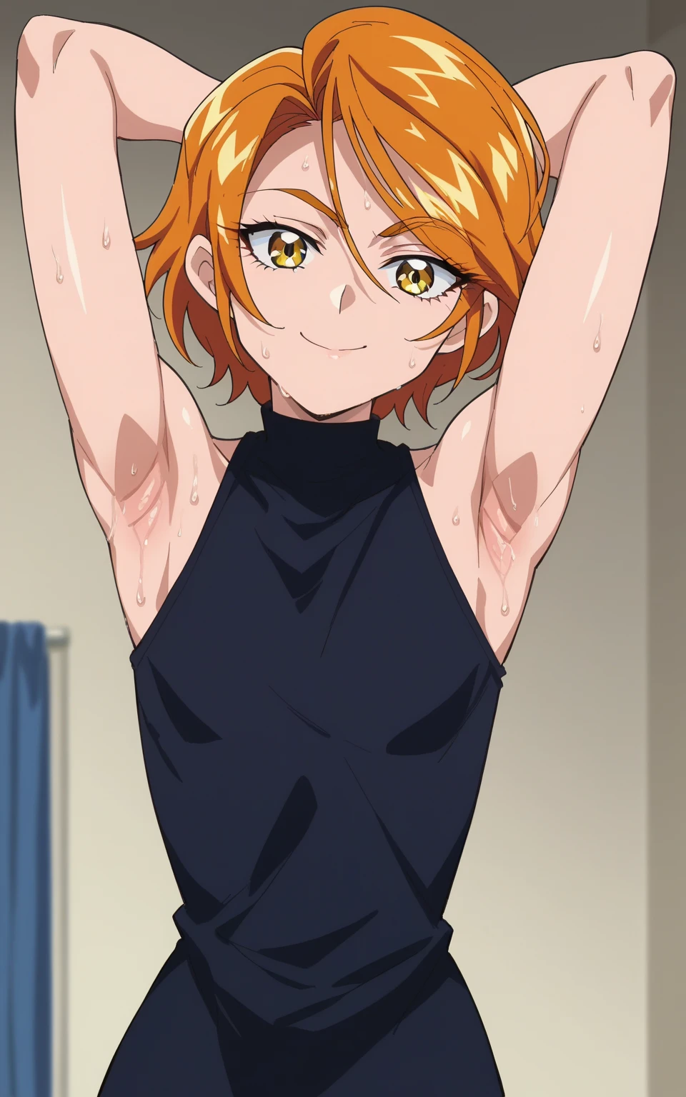 source_anime,score_9,score_8_up,screencap, anime screencap, BREAK, 1boy, shota, femboy, deku, my hero academia, mha, smug, shy embarrassed, bulge, huge erection, erection, gay, yaoi, otoko no ko, solo, crop top, exposed thighs, thick thighs, ginger hair