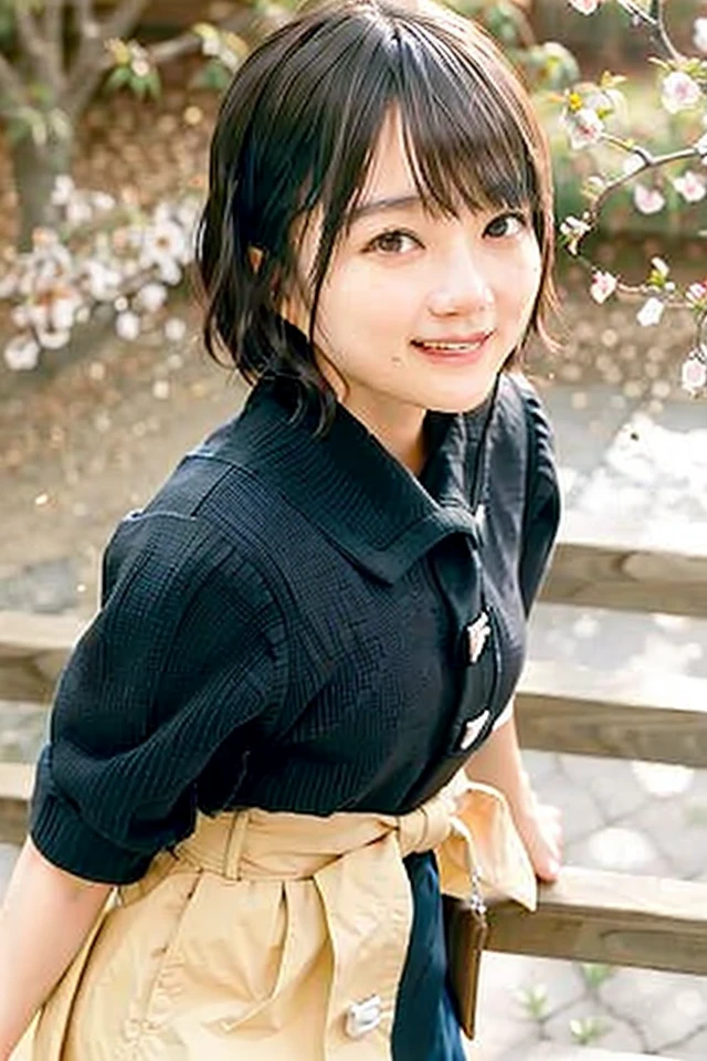 Top quality, 1 beautiful woman, super short Hair, shy Smile, From Above