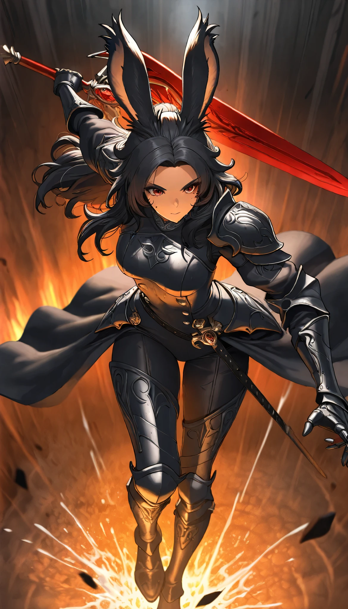 long hair, black hair, forehead, yellow eyes, curvy, huge breasts, anatomically correct, navel, holding, armor, chain, 1girl, armor, fur_trim, breasts, smile, solo, yellow_eyes, chain, weapon, headpiece, looking_at_viewer, armored_dress, sword, thighhighs, navel, holding, medium_breasts, gauntlets, (shaded face:1.2), hollow eyes, yellow eyes, looking at viewer, lips, smirk, upper teeth, glowing eyes, "glow effects, godrays, Hand drawn, render, 8k, octane render, cinema 4d, blender, dark, atmospheric 4k ultra detailed, cinematic, Sharp focus, big depth of field, Masterpiece, colors, 3d octane render, 4k, concept art, trending on artstation, hyperrealistic, Vivid colors, extremely detailed CG unity 8k wallpaper, trending on CGSociety, Intricate, High Detail, dramatic"
