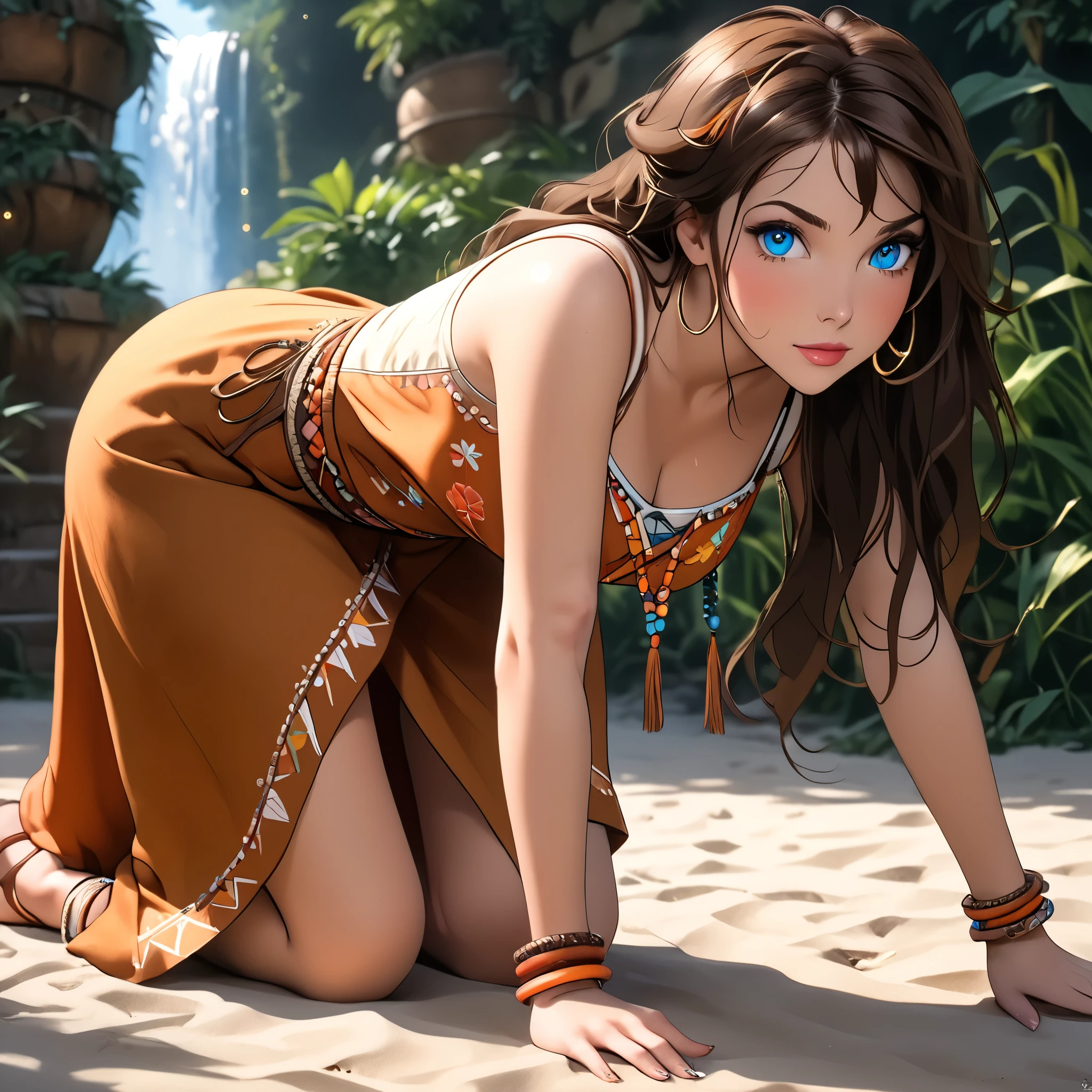 (beautiful girl:1.3),1girl,masterpiece,Highest quality,Ultra-high resolution,rich contrast,super high quality,8k,Highly detailed CG unit wallpaper,texture,Incredibly absurd,Ultra-high resolution,Highest quality anime,professional photograph,an extremely delicate and beautiful,RAW Photos,Depth of Field 1.2,ultra-detailed eyes,Glitter Effect,Beautiful glossy lips, 25years old, gorgeous legs, noise perfect, gorgeous ass, 1girl, gorgeous ass, dynamic pose, sensual woman, seductive woman, mature woman, Milf, maternal, shy look, full body, (type of photo: medium shot, portraying the person from head to waist), JanePorterXLP, long hair, brown hair, blue eyes, makeup,, Boho Set (Adventure and Freedom): Top: Sleeveless linen blouse in terracotta tone with floral embroidery in white thread, with a "V" shaped neckline and thin straps. Bottom: Long skirt with a wrap-around cut, with a multicolor ethnic print in warm tones (red, orange and yellow). The skirt has a lace fringe at the bottom edge. Shoes: Brown leather sandals with thin straps and beaded details. Accessories: Wooden bracelets, silver rings and a straw bag with leather details. WhiteTankTop_JanePorter_ownwaifu,
